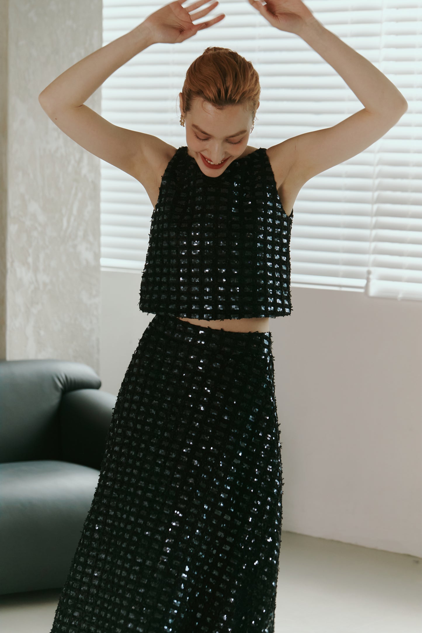 Dark Blue Lace Sequined  Top with Skirt