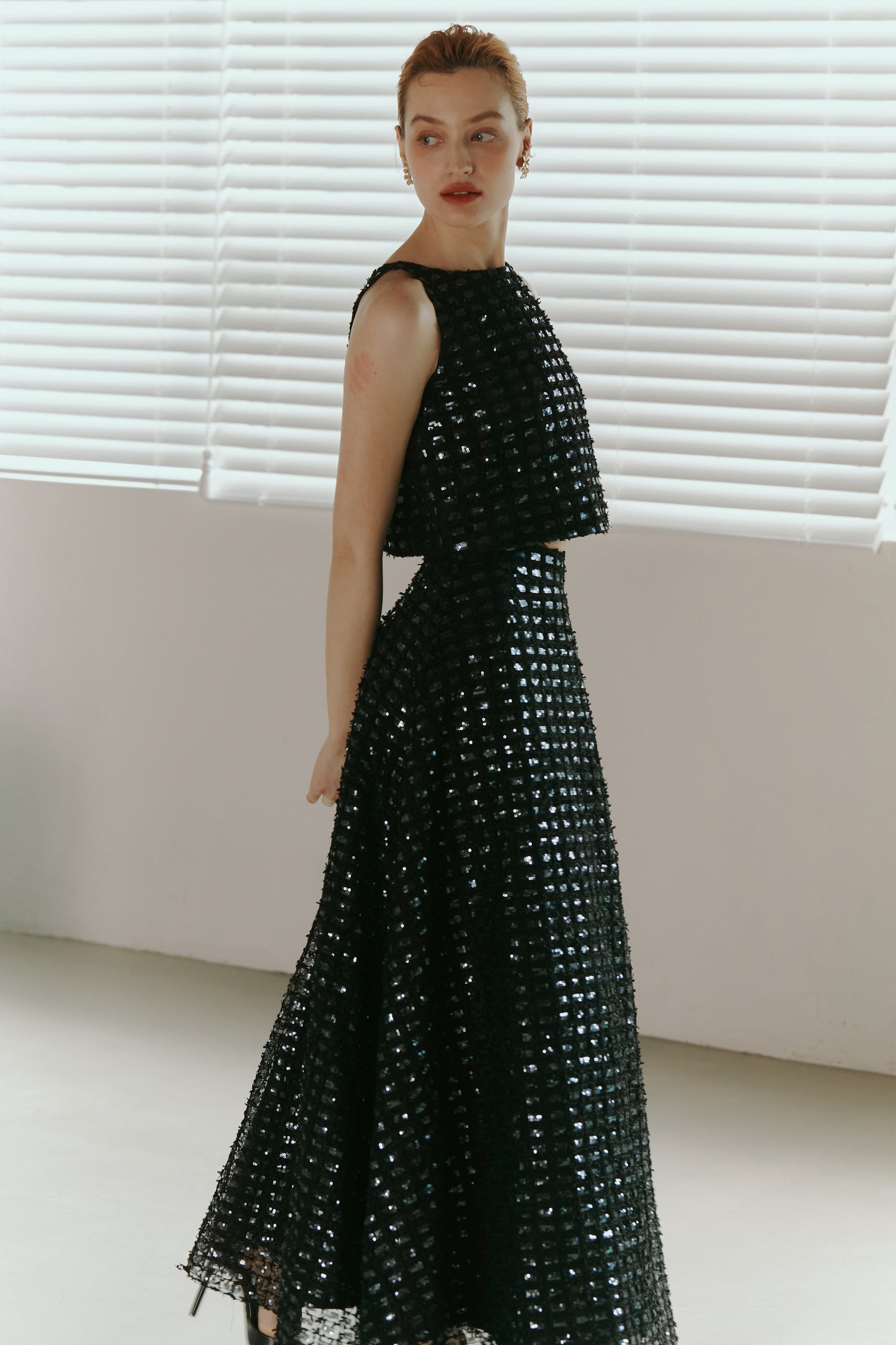 Dark Blue Lace Sequined  Top with Skirt