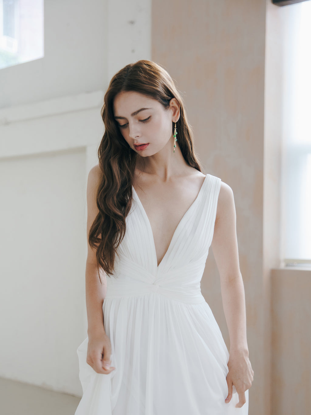 Pleated V Neck Wedding Dress
