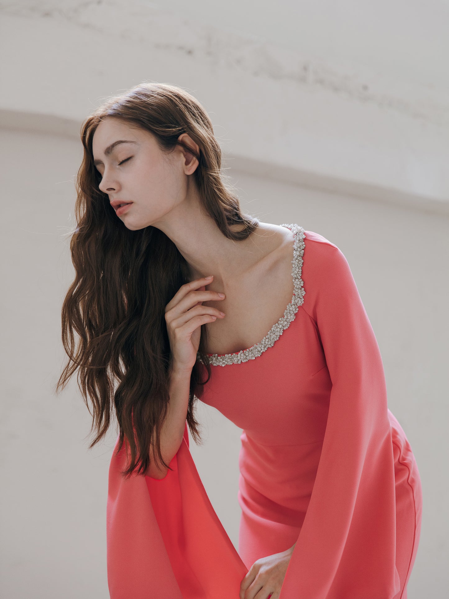 Long Sleeve Evening Gown Coral