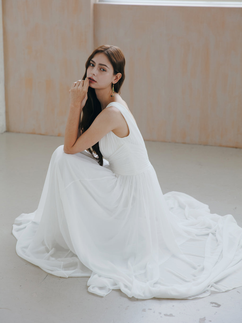 Pleated V Neck Wedding Dress