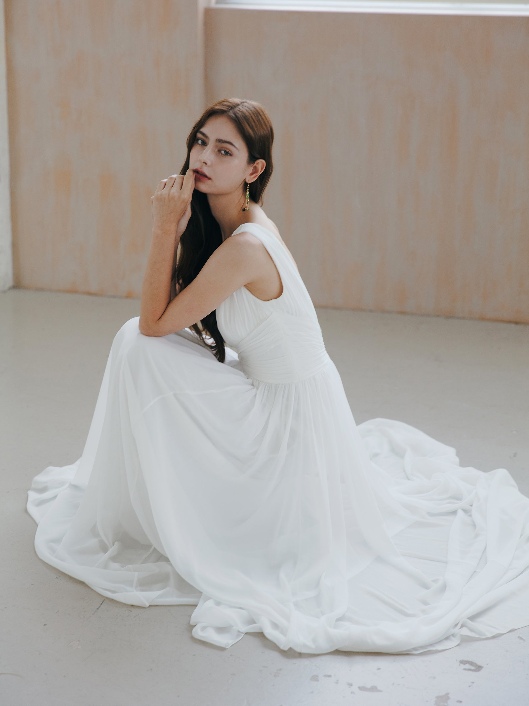 Pleated V Neck Wedding Dress