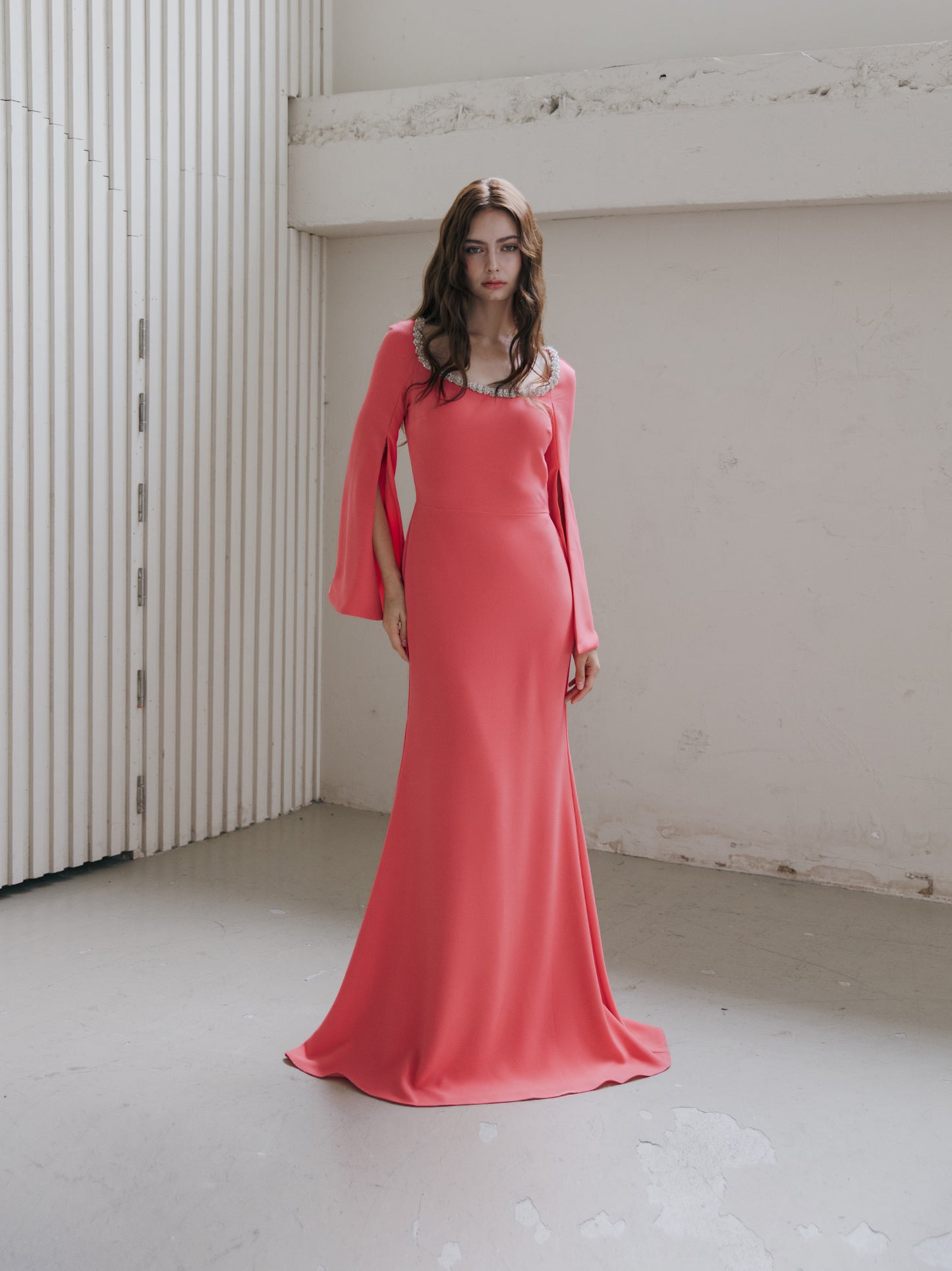 Long Sleeve Evening Gown Coral