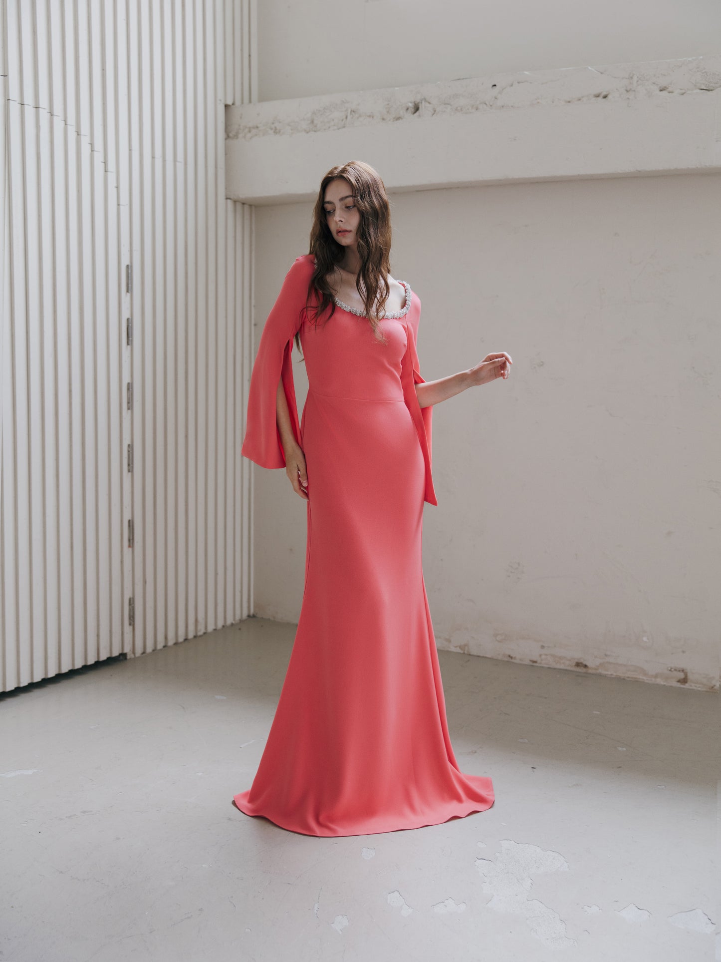 Long Sleeve Evening Gown Coral