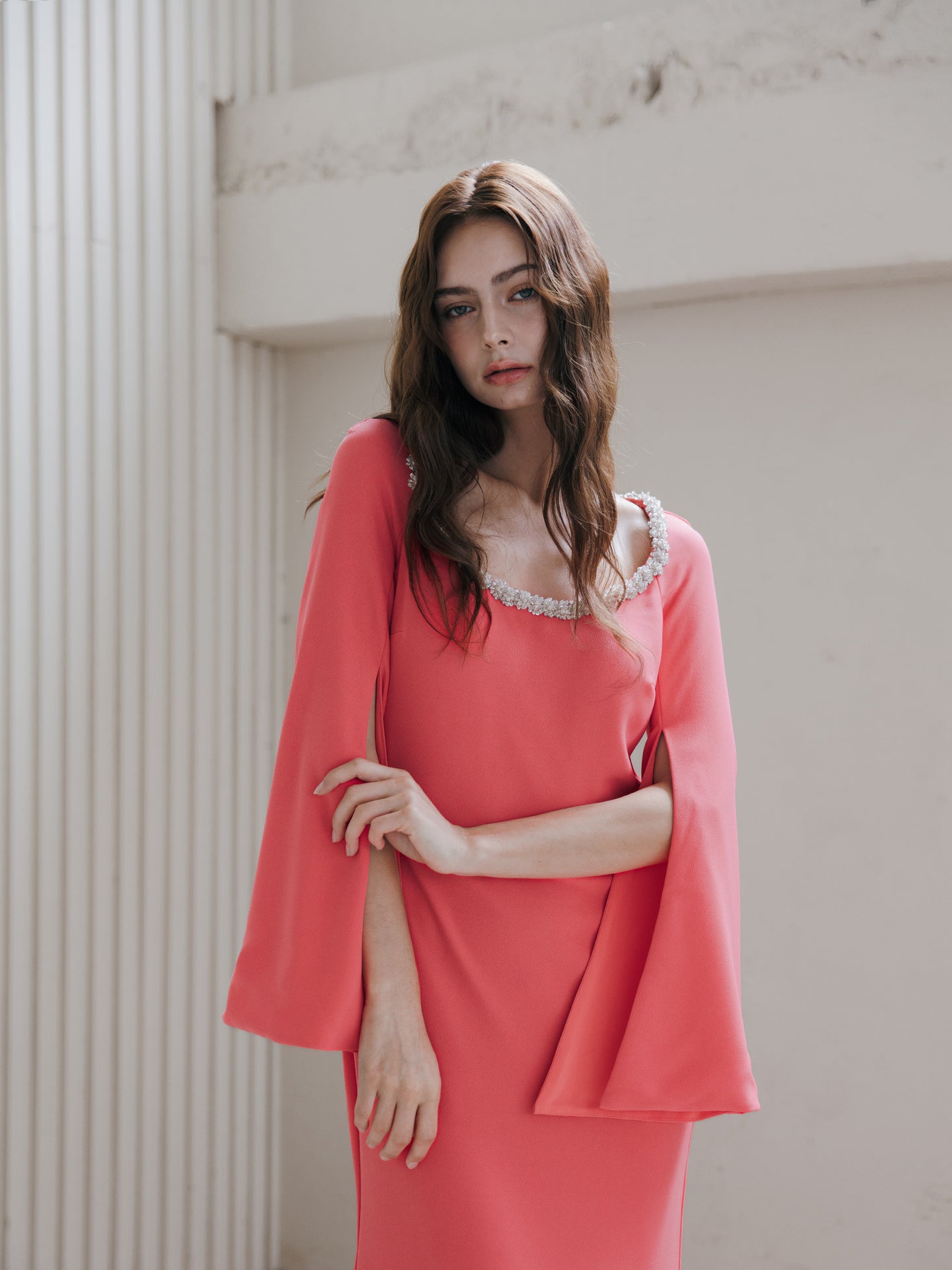 Long Sleeve Evening Gown Coral