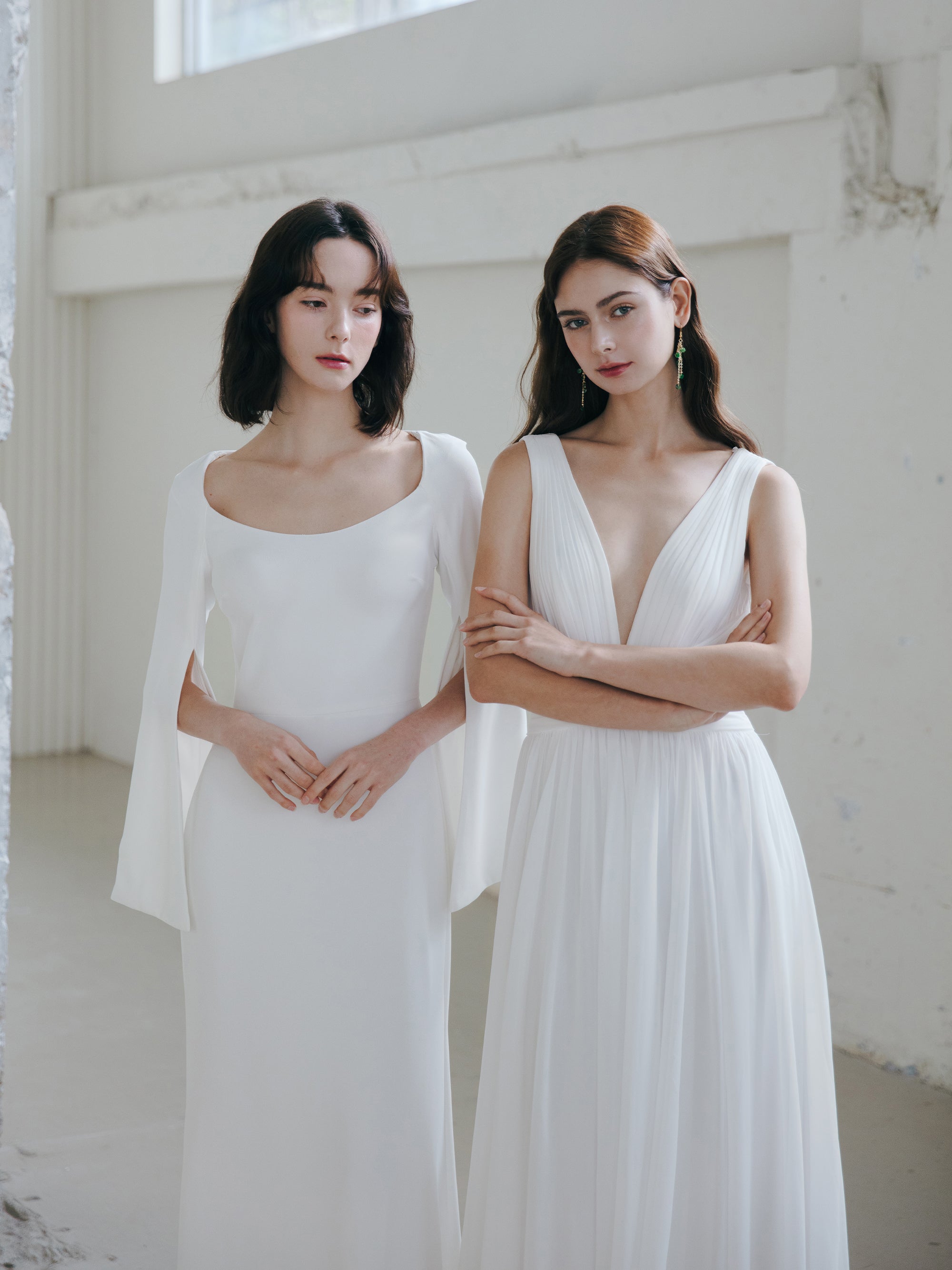 Pleated V Neck Wedding Dress