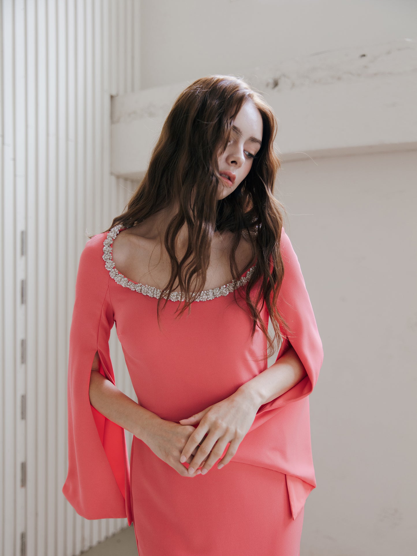 Long Sleeve Evening Gown Coral