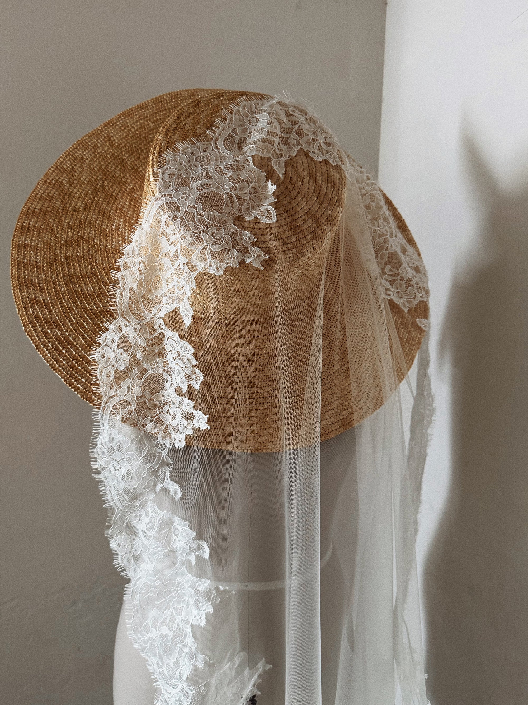 Bridal Hat with Lace Trim Veil - Straw Hat
