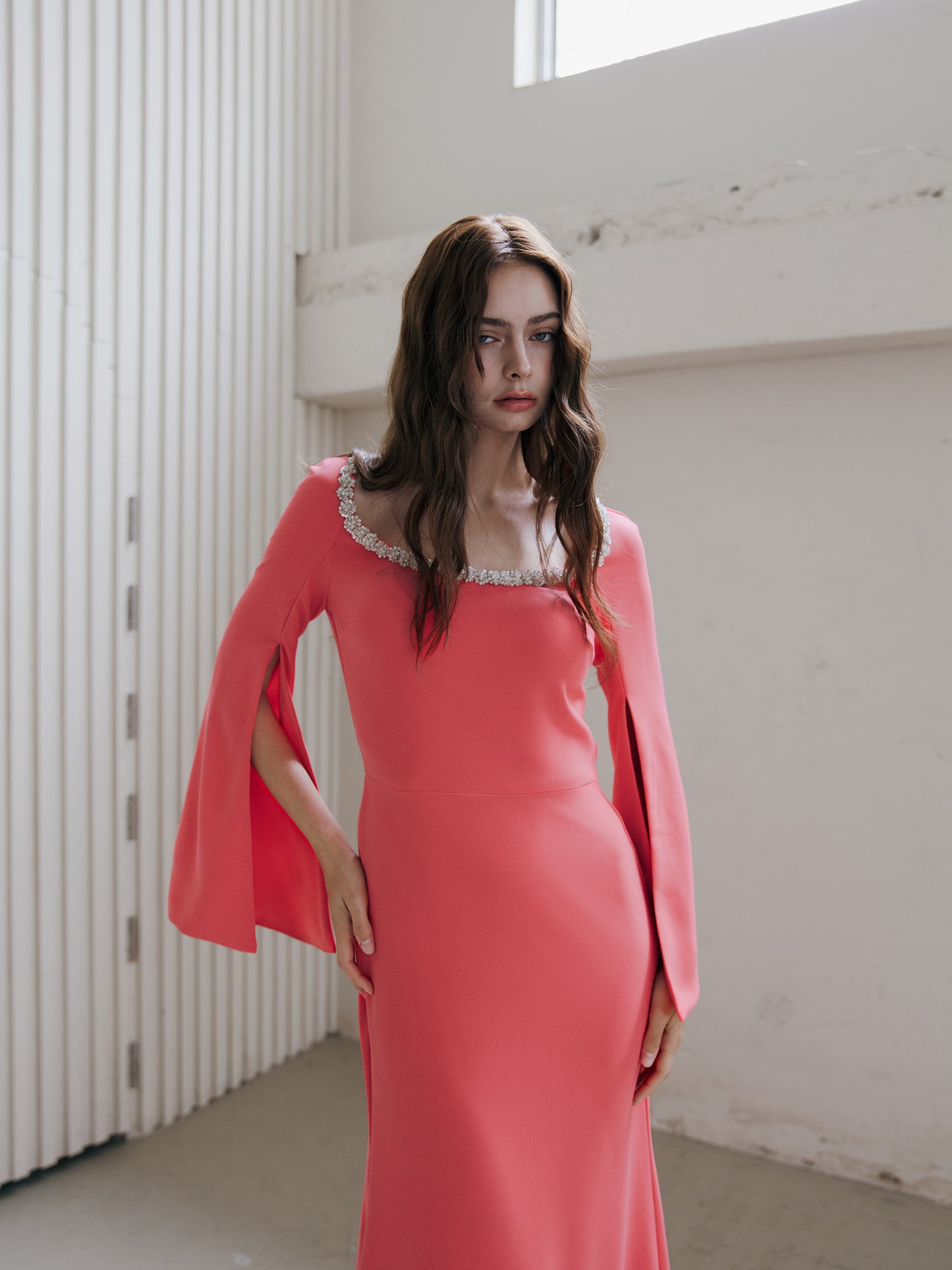 Long Sleeve Evening Gown Coral