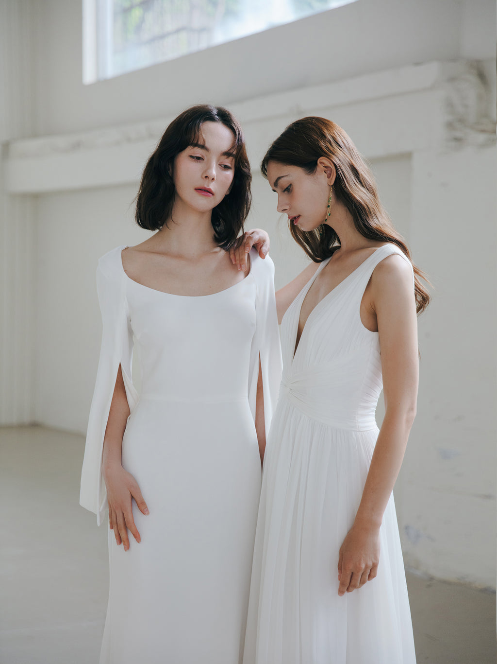 Pleated V Neck Wedding Dress