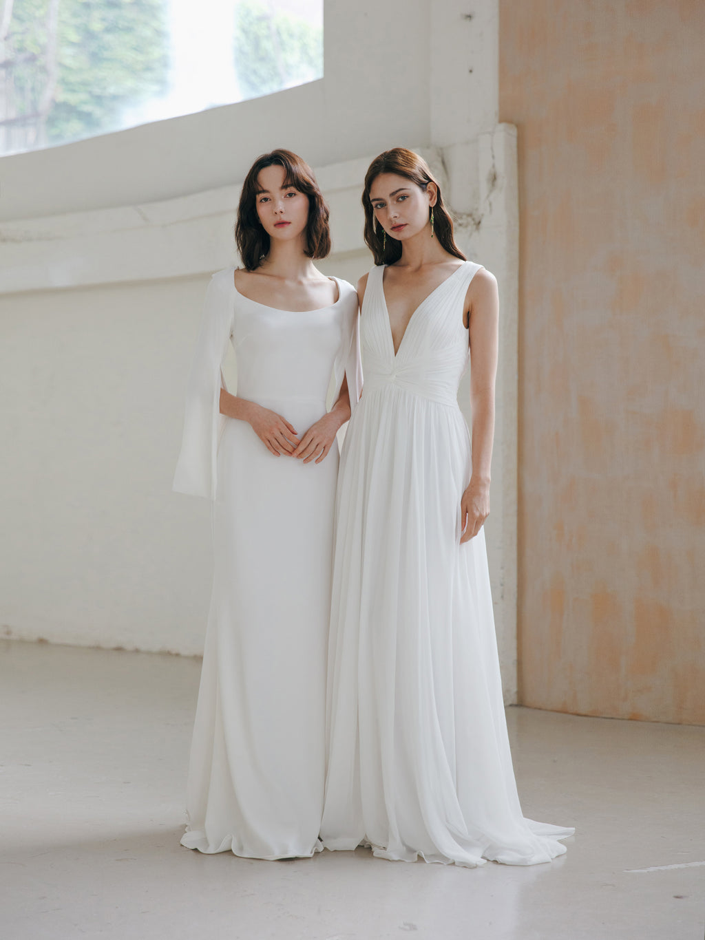 Pleated V Neck Wedding Dress