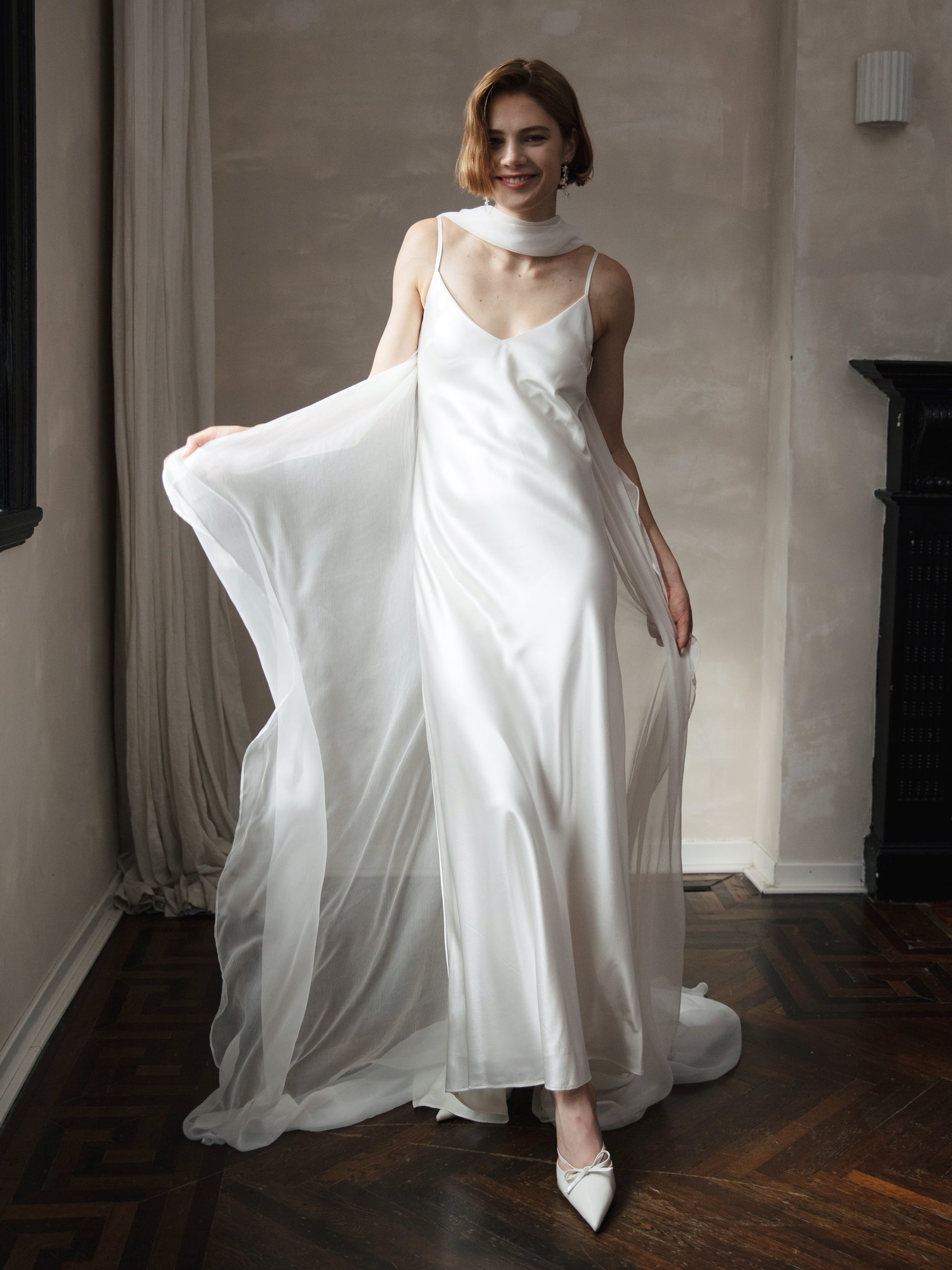 Pure Silk Bridal Cape Veil - Crinkle Silk Bridal Scarf