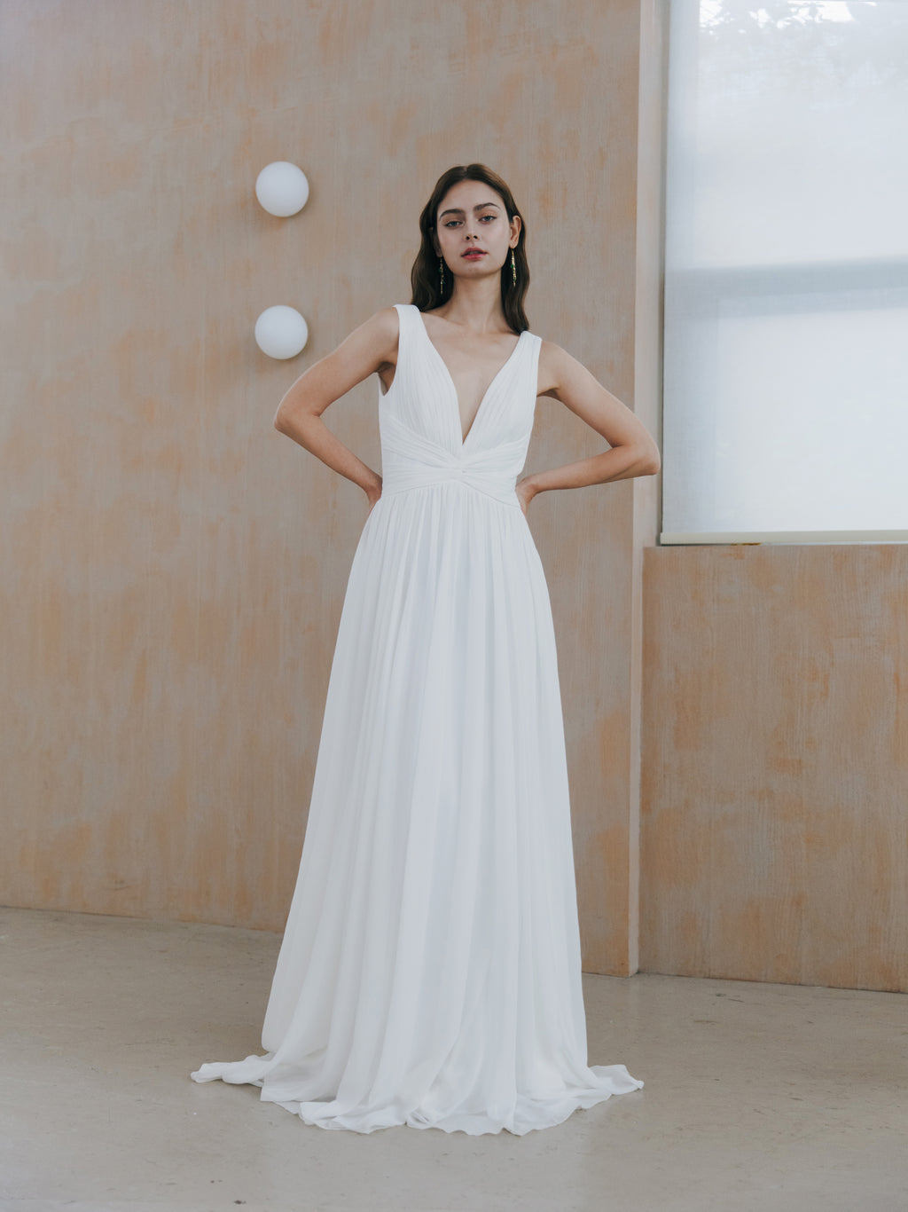 Pleated V Neck Wedding Dress