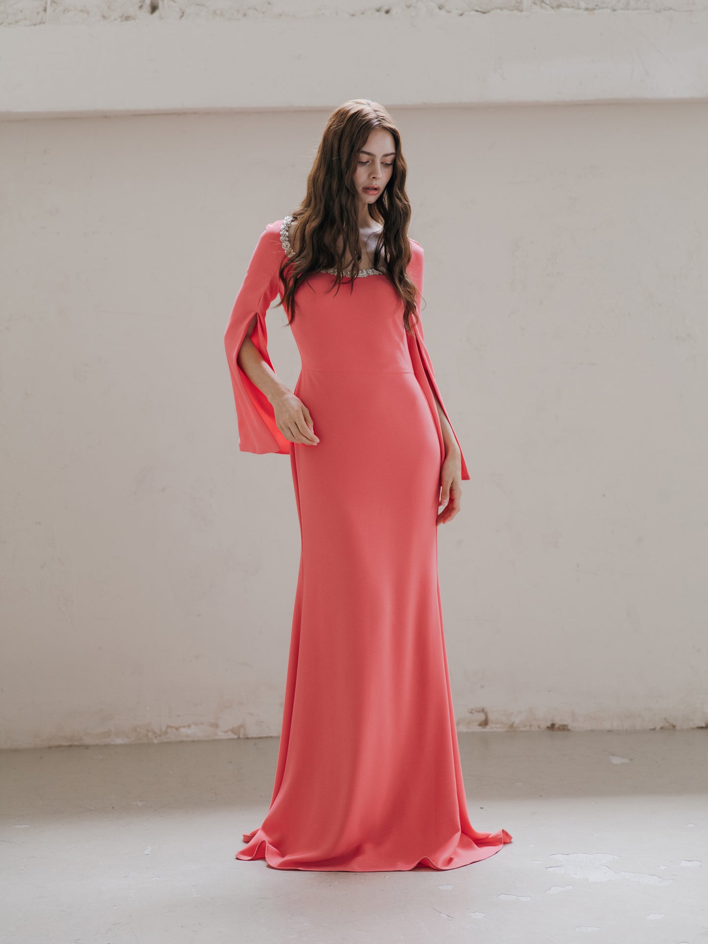 Long Sleeve Evening Gown Coral
