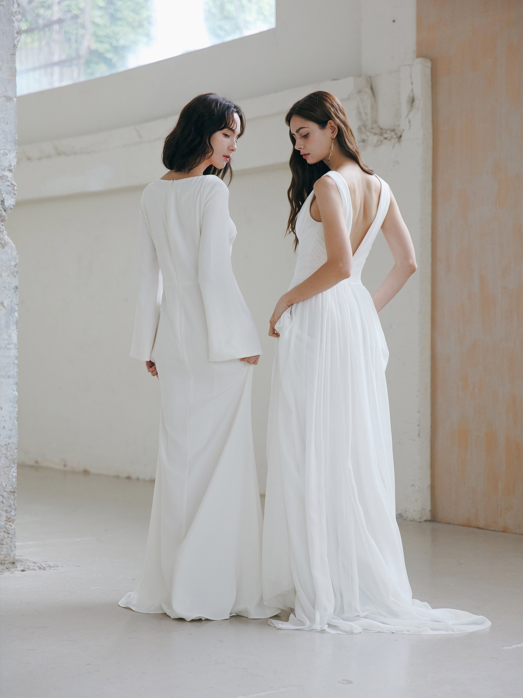 Pleated V Neck Wedding Dress