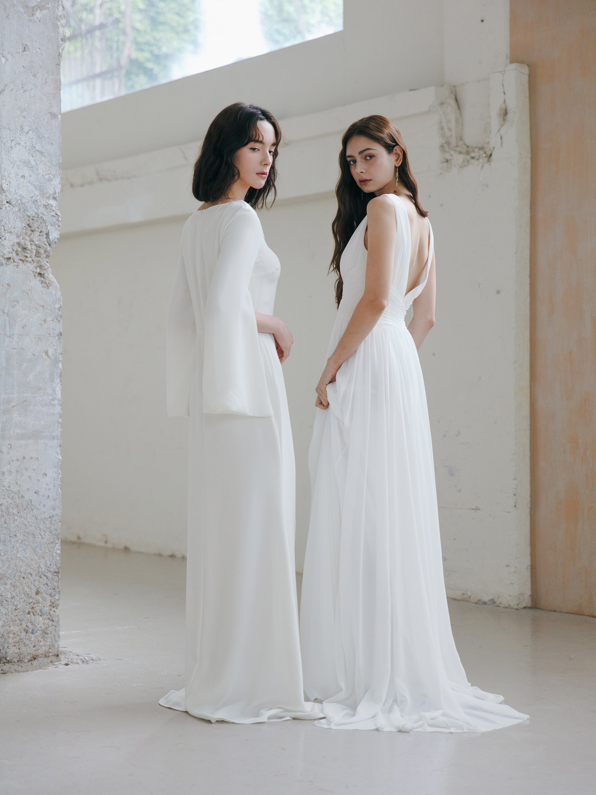 Pleated V Neck Wedding Dress