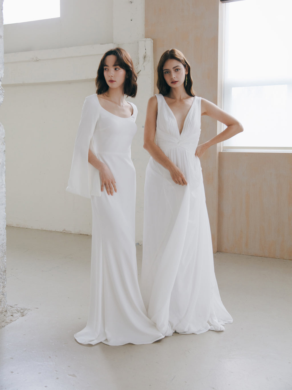 Pleated V Neck Wedding Dress