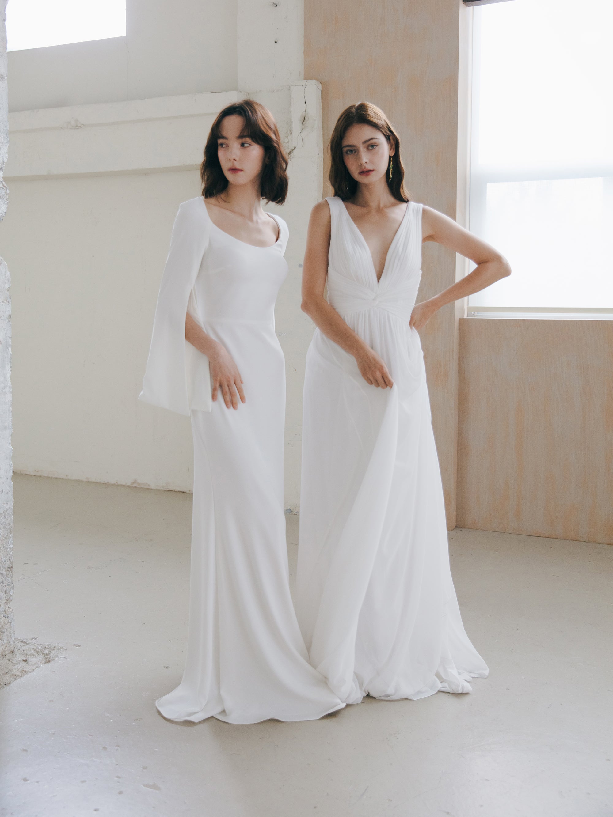 Pleated V Neck Wedding Dress