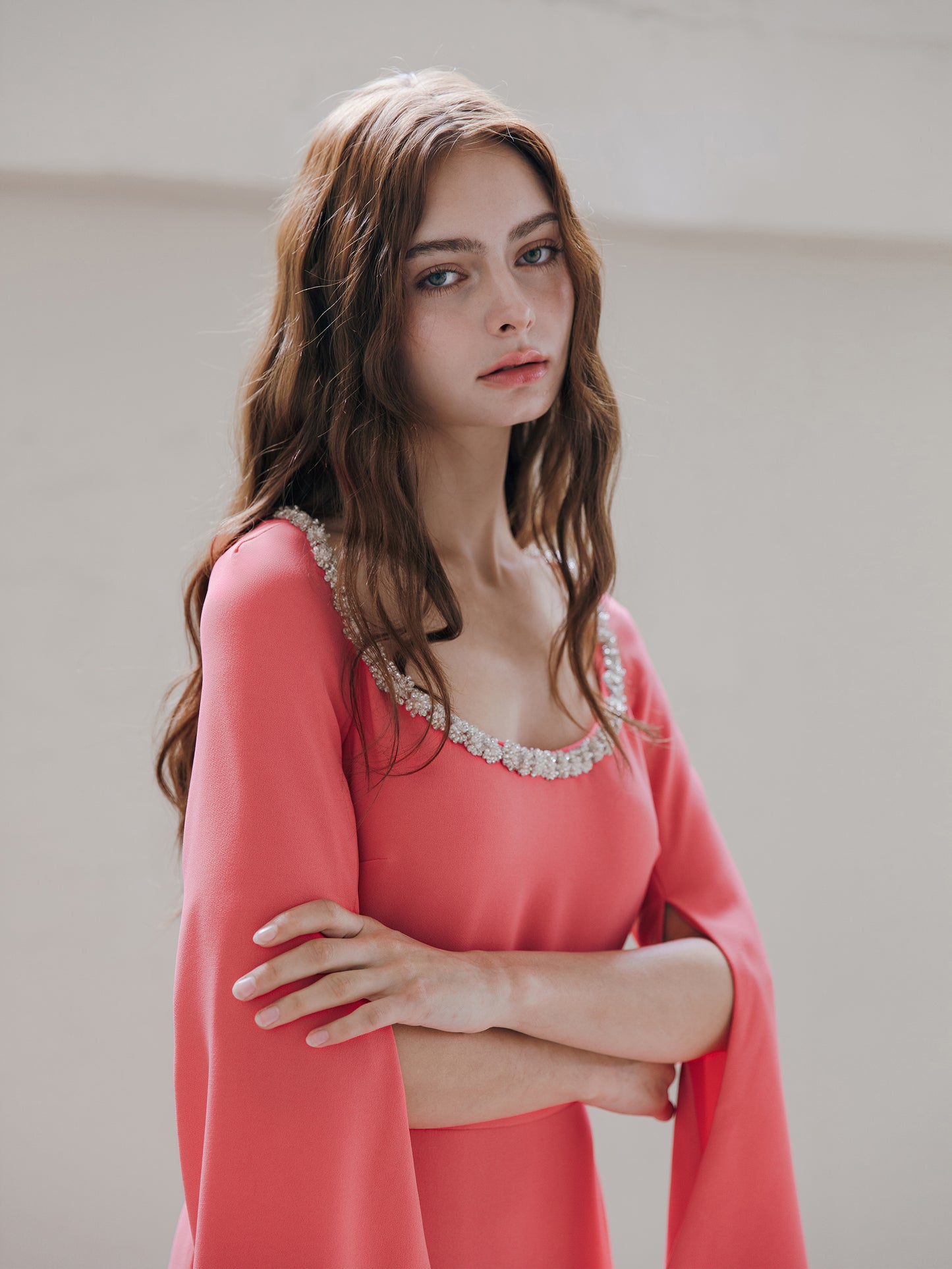 Long Sleeve Evening Gown Coral