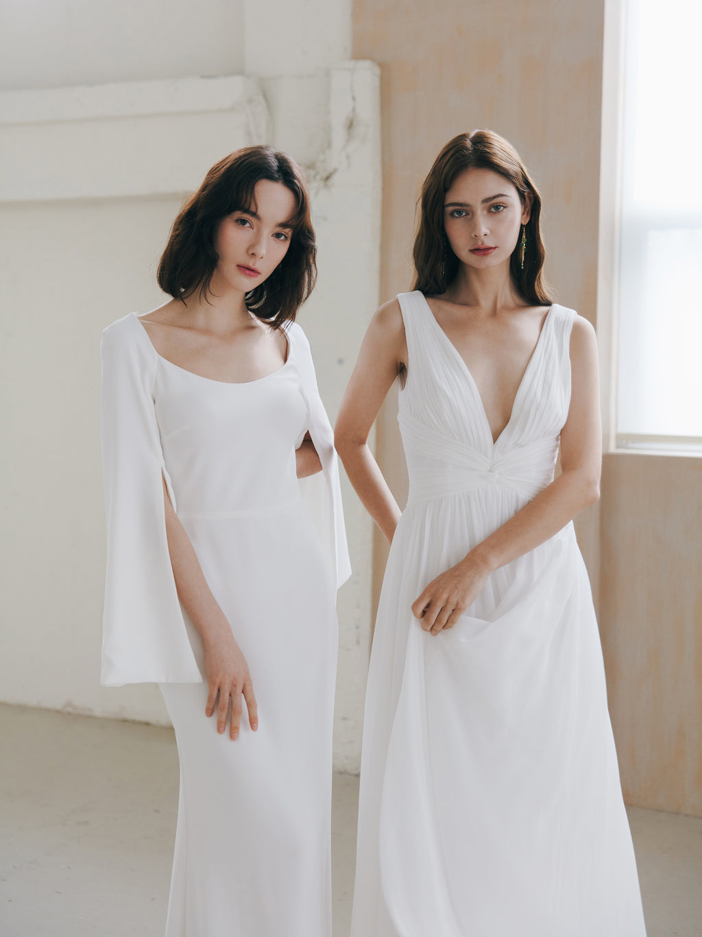 Pleated V Neck Wedding Dress