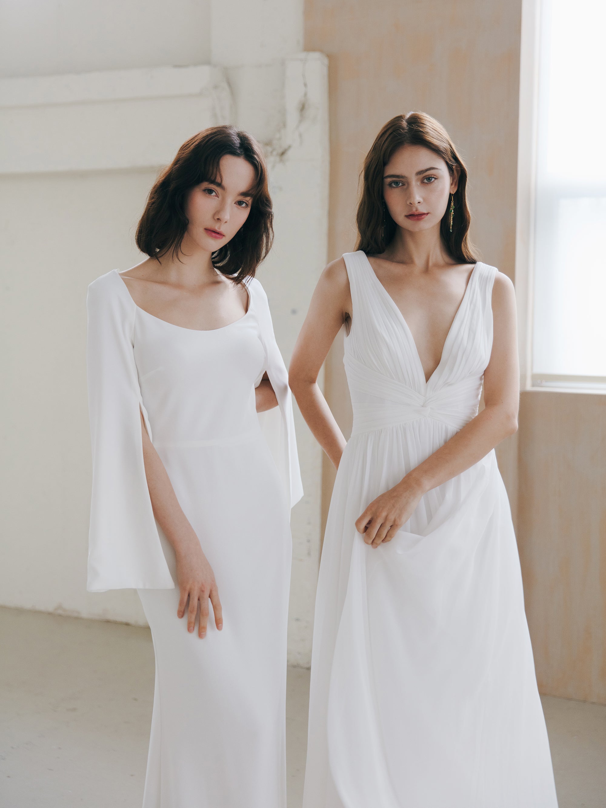 Pleated V Neck Wedding Dress
