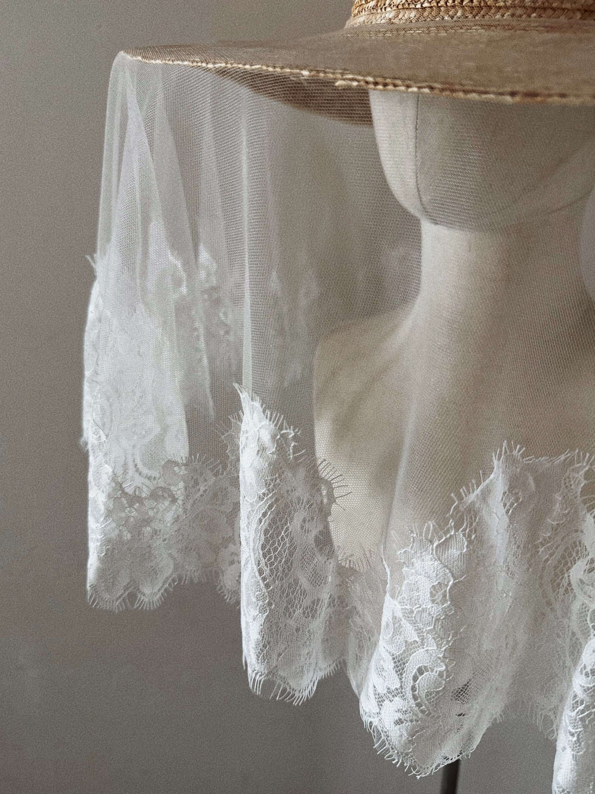 Bridal Hat with Lace Trim Veil - Straw Hat
