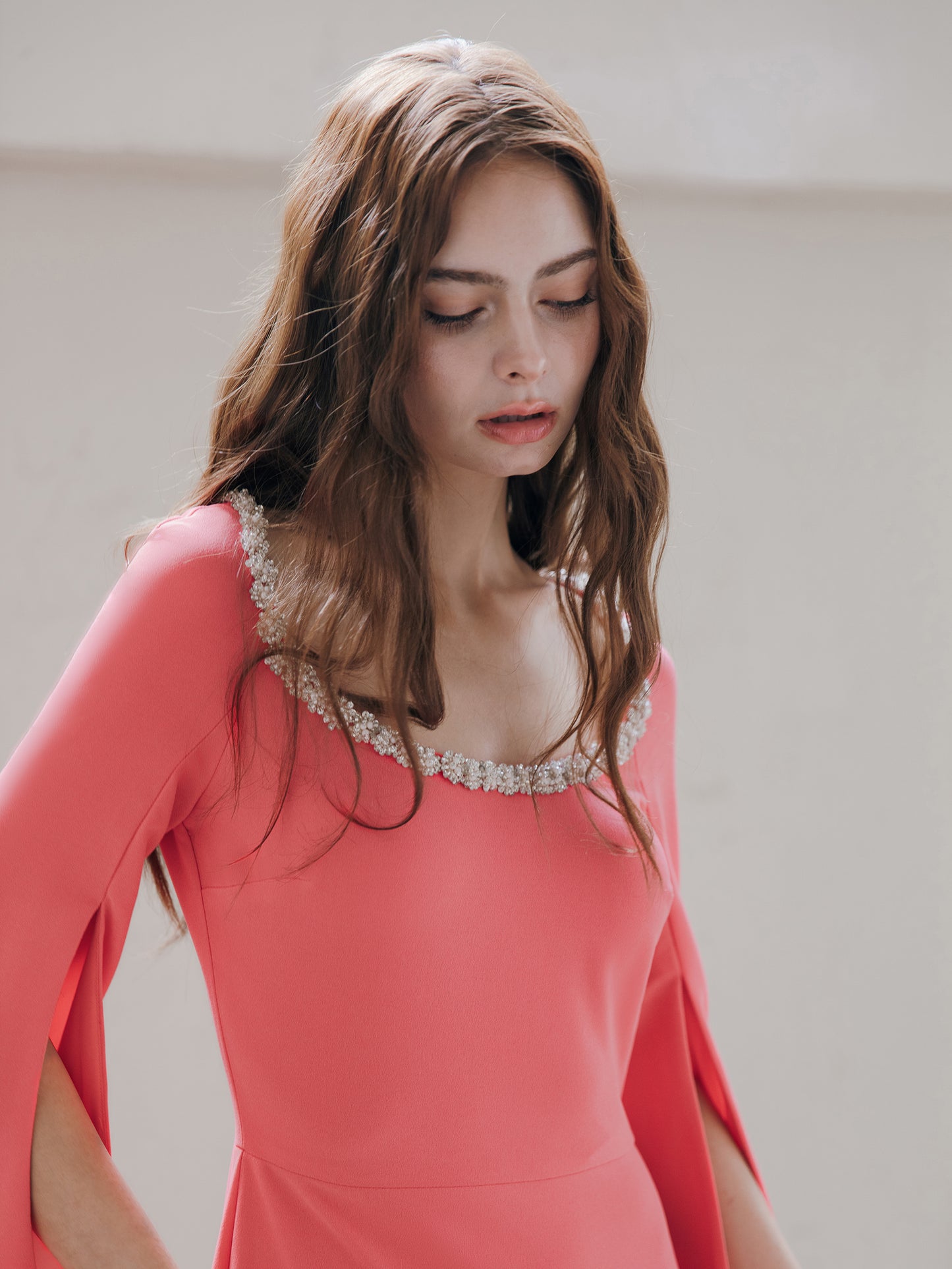 Long Sleeve Evening Gown Coral