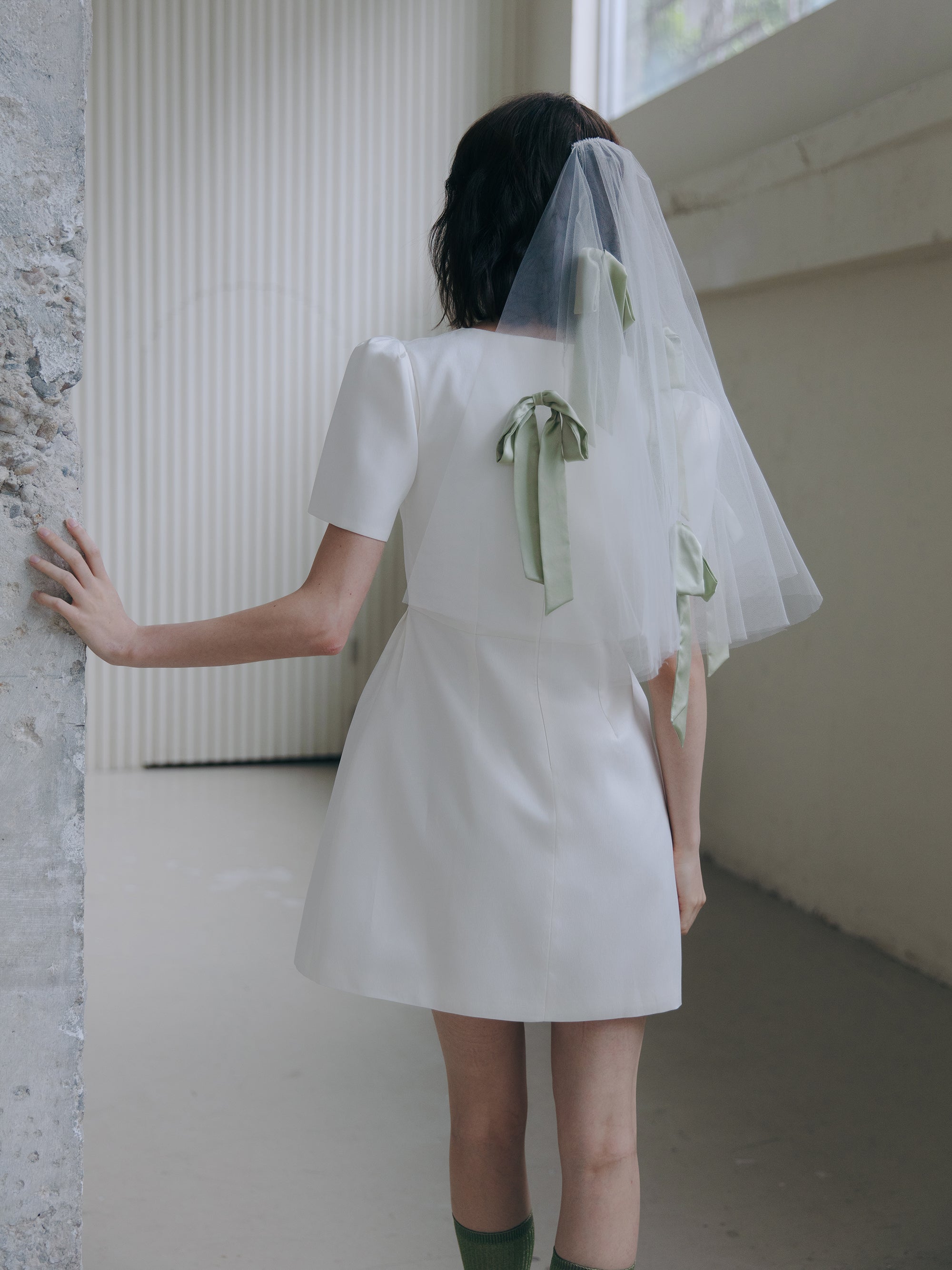 Short Bridal Veil with Silk Sage Green Bows