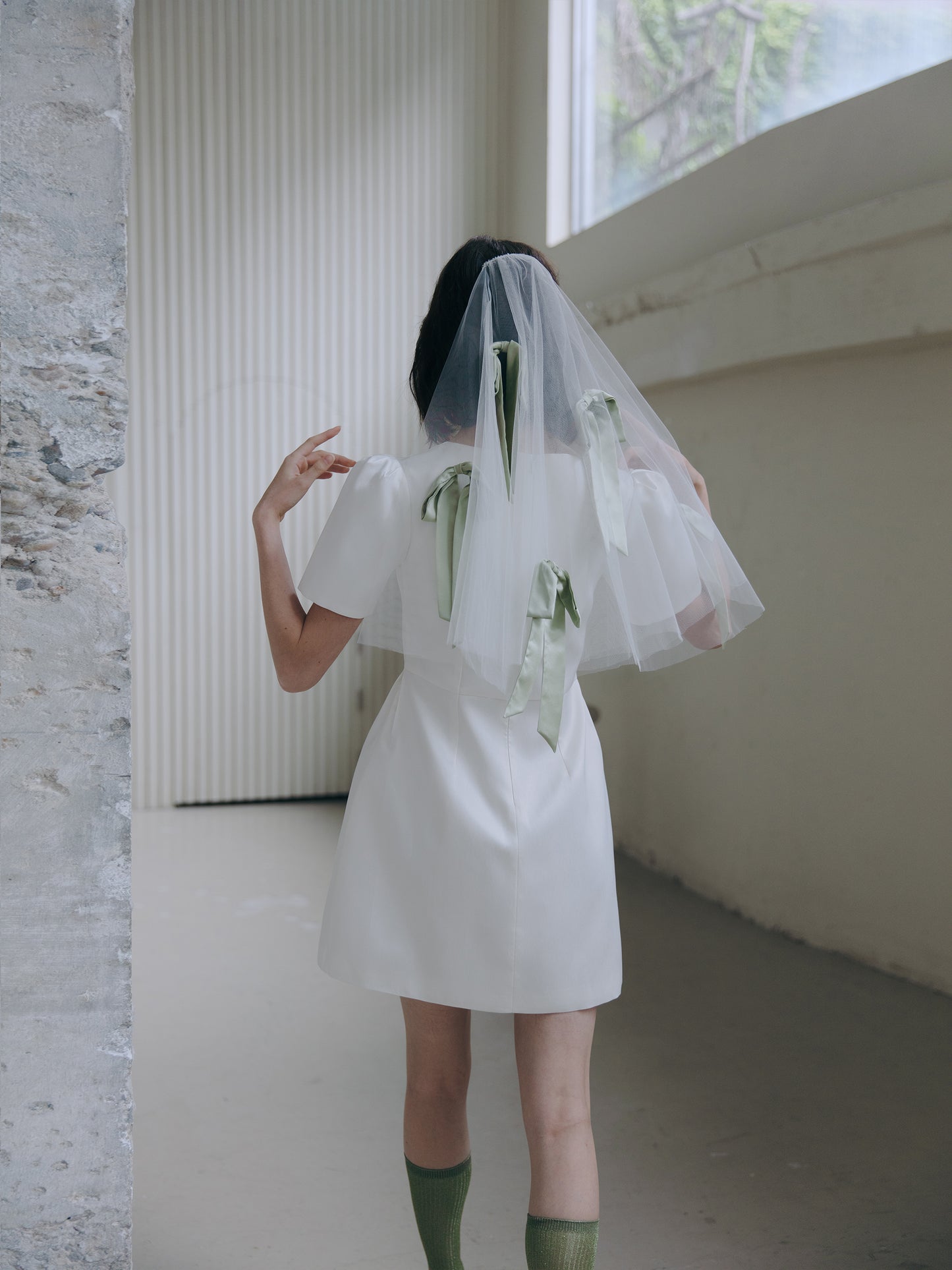 Short Veil with Green Bows