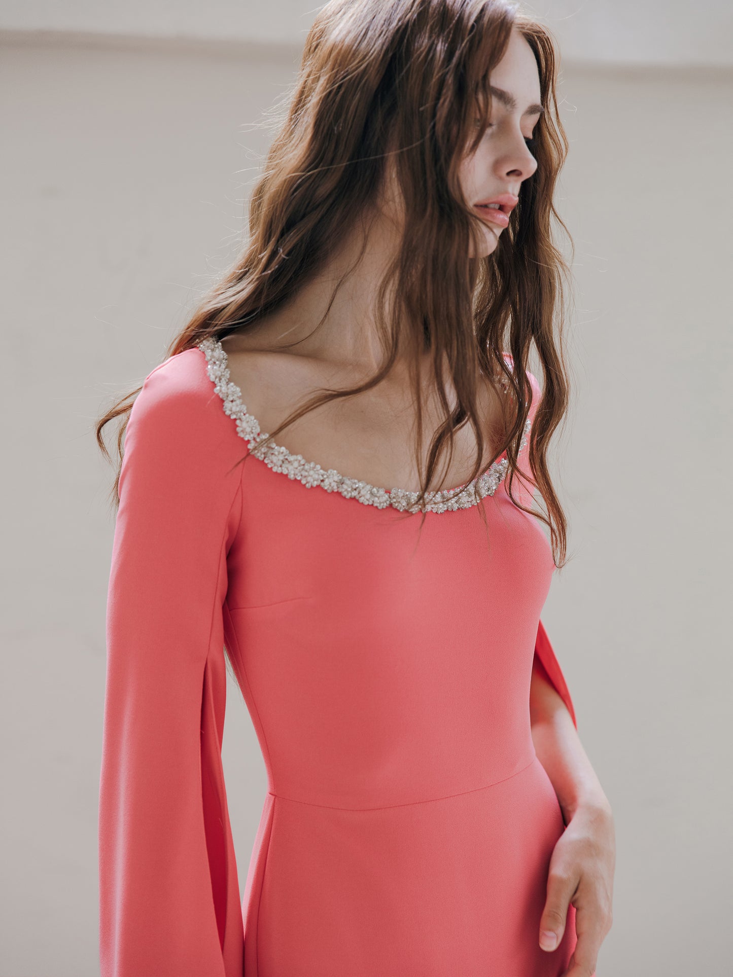 Long Sleeve Evening Gown Coral