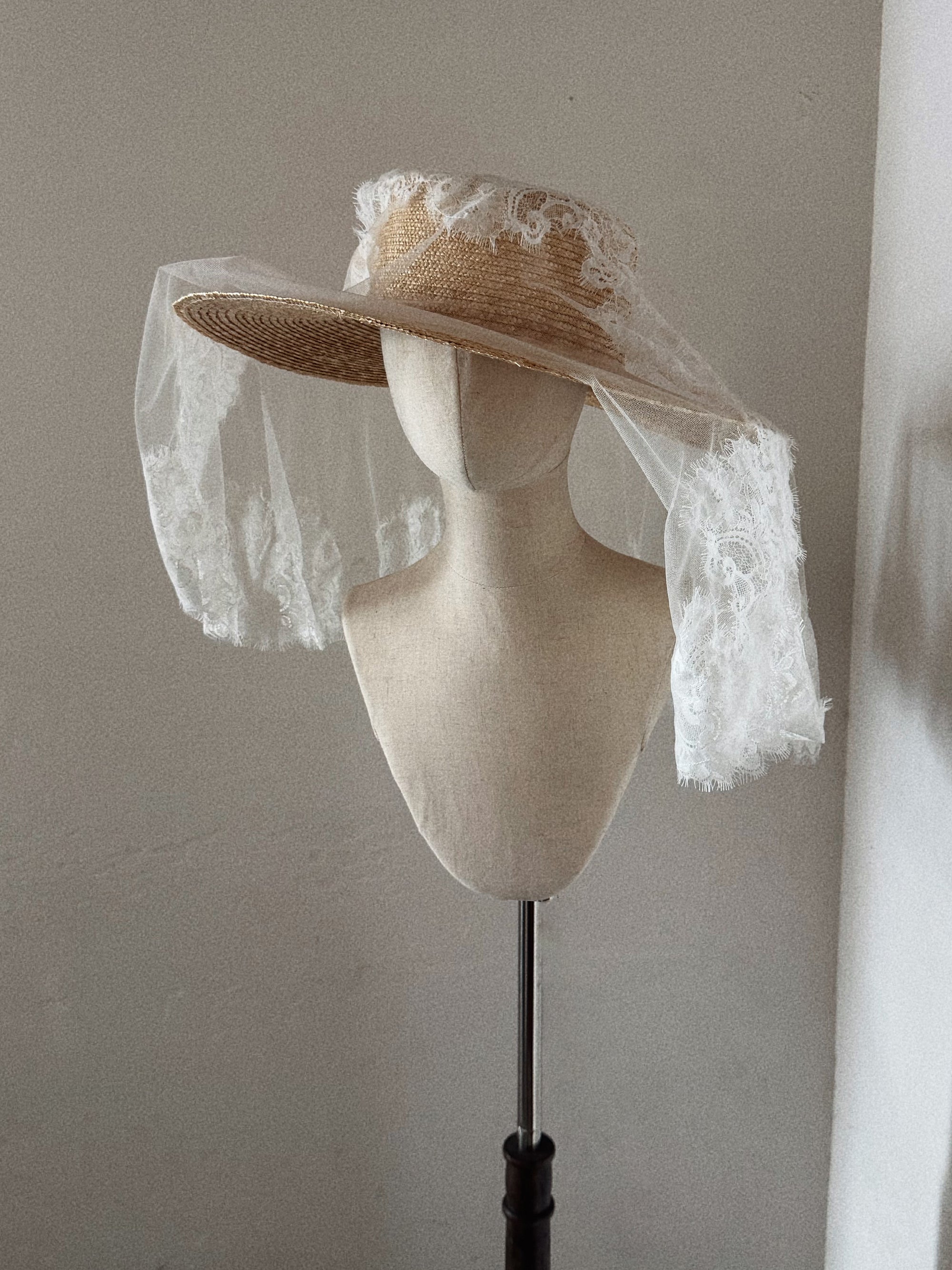 Bridal Hat with Lace Trim Veil - Straw Hat