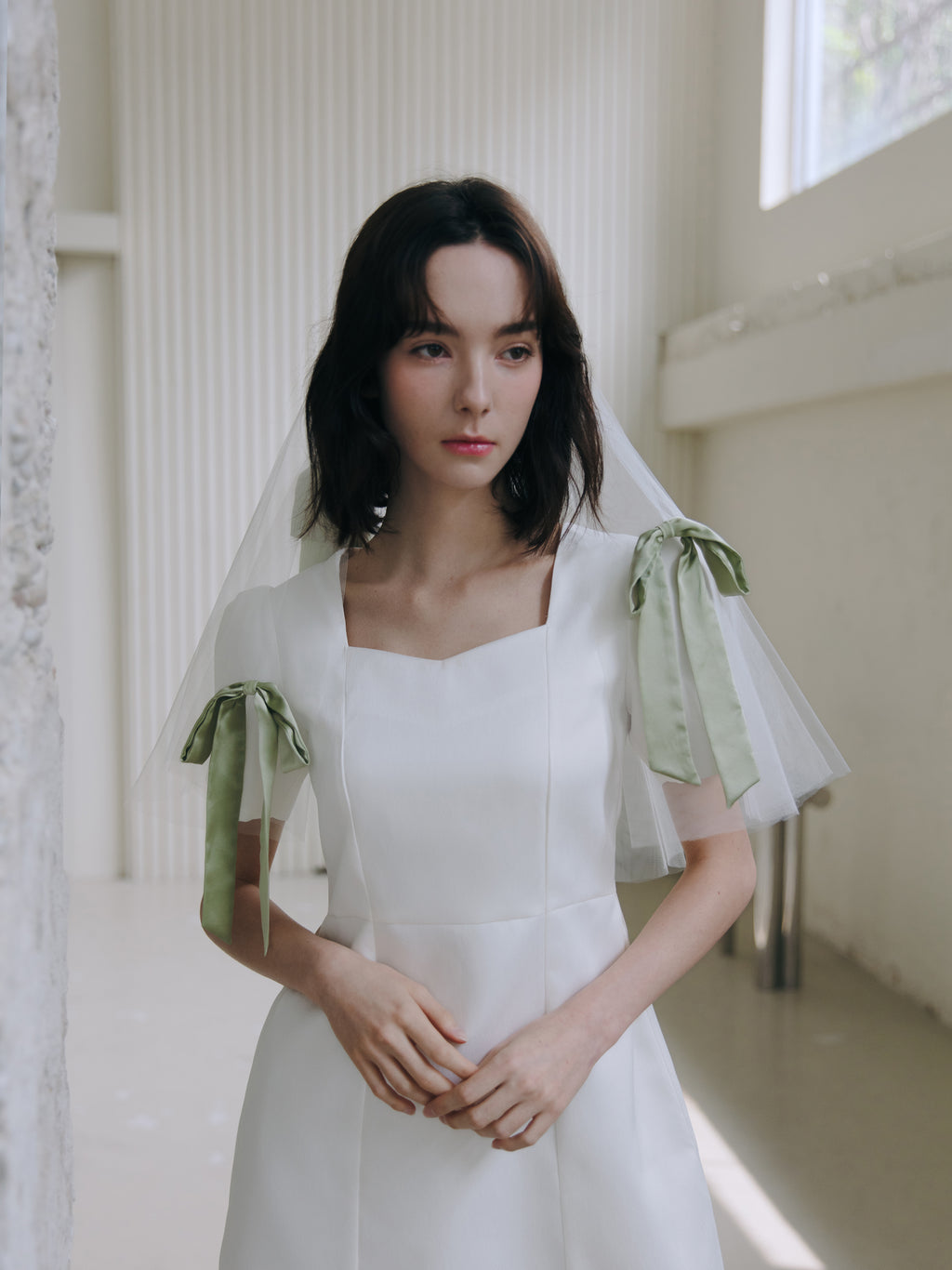 Short Bridal Veil with Silk Sage Green Bows