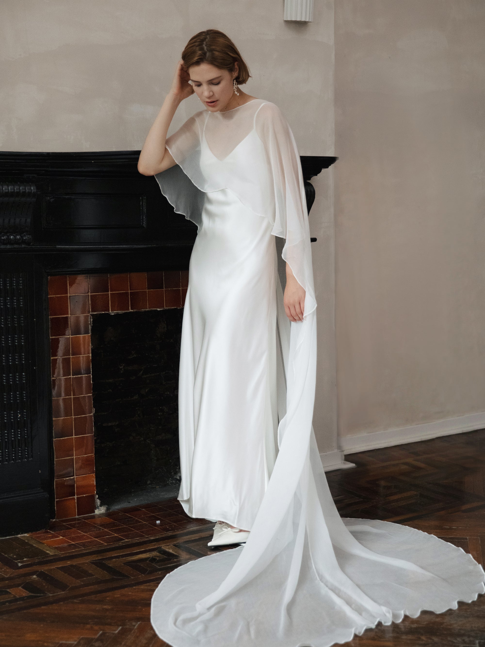 Pure Silk Bridal Cape Veil - Crinkle Silk Bridal Scarf