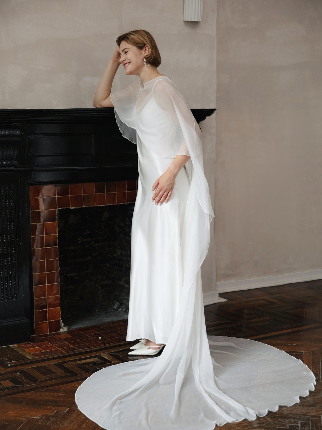 Pure Silk Bridal Cape Veil - Crinkle Silk Bridal Scarf