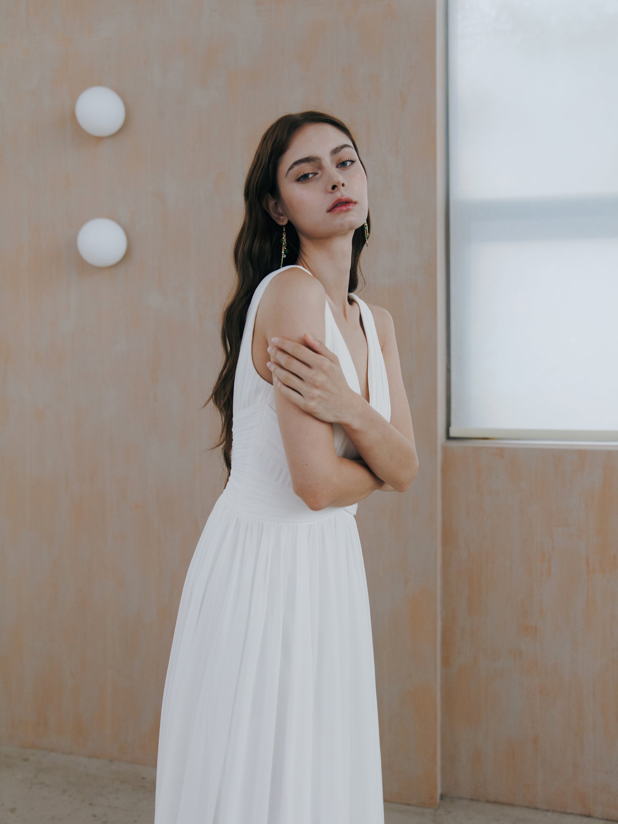 Pleated V Neck Wedding Dress