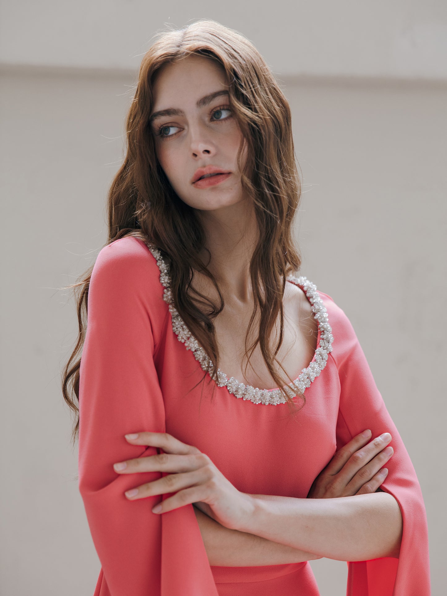 Long Sleeve Evening Gown Coral