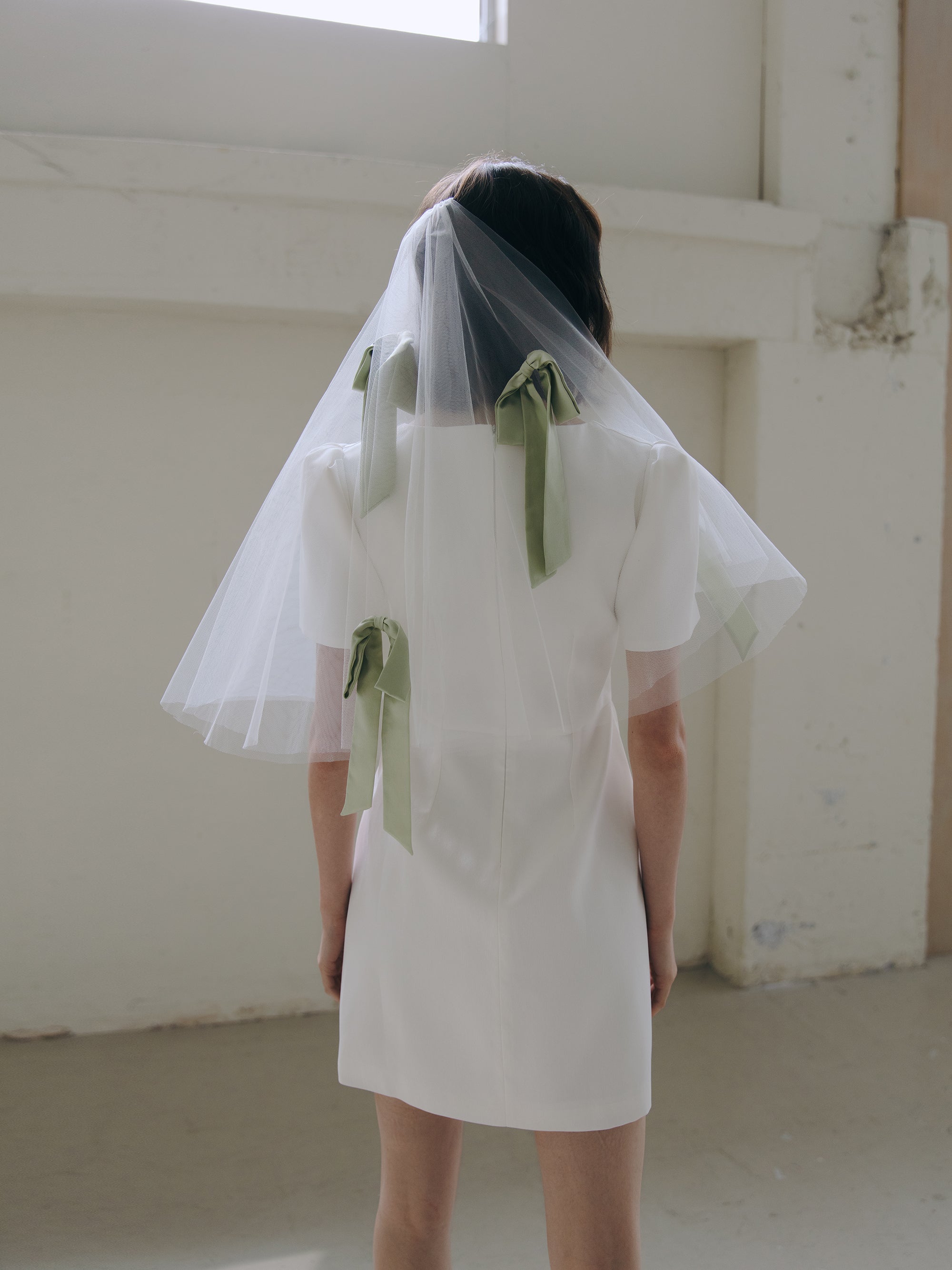 Short Bridal Veil with Silk Sage Green Bows