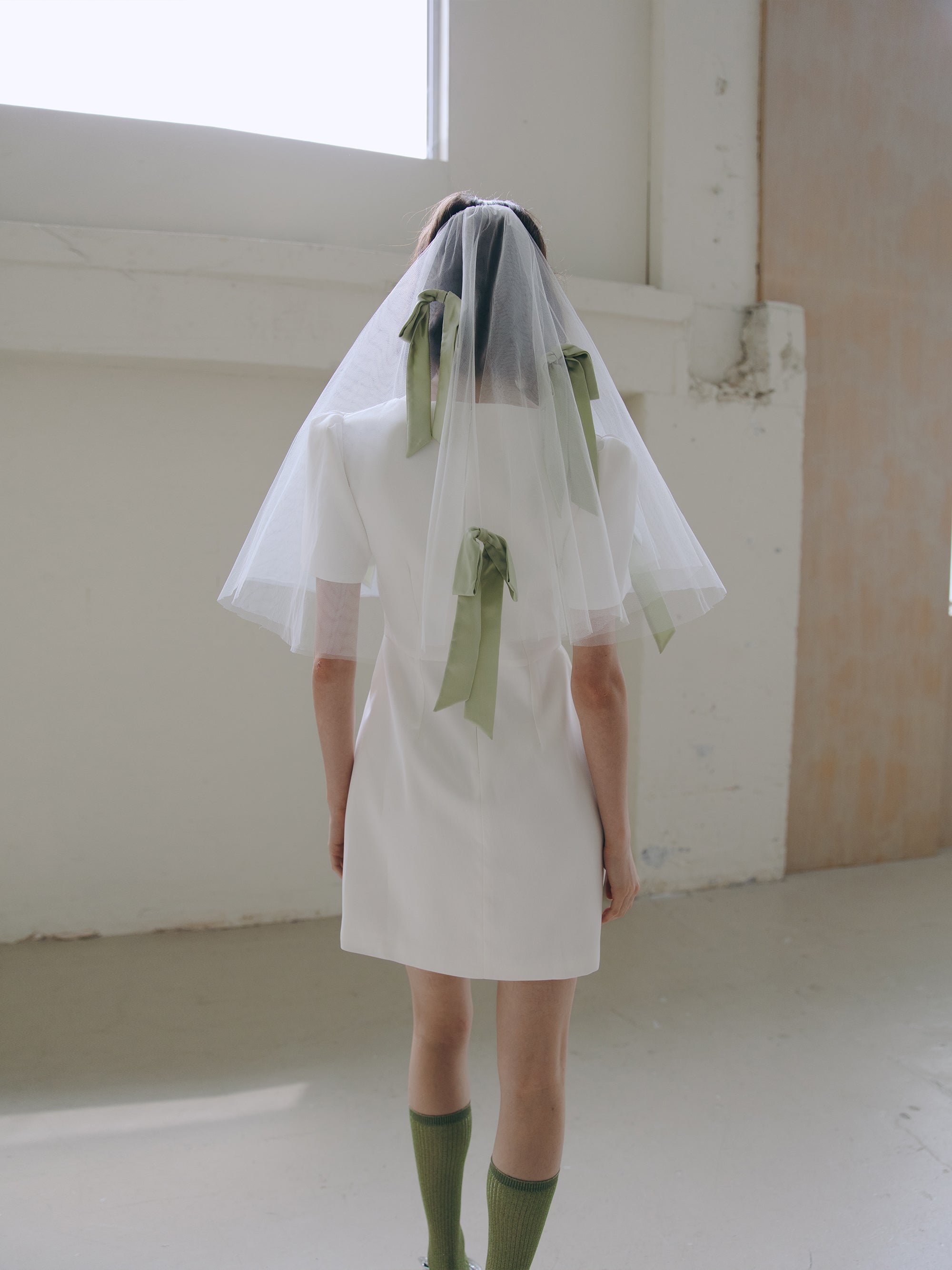 Short Bridal Veil with Silk Sage Green Bows