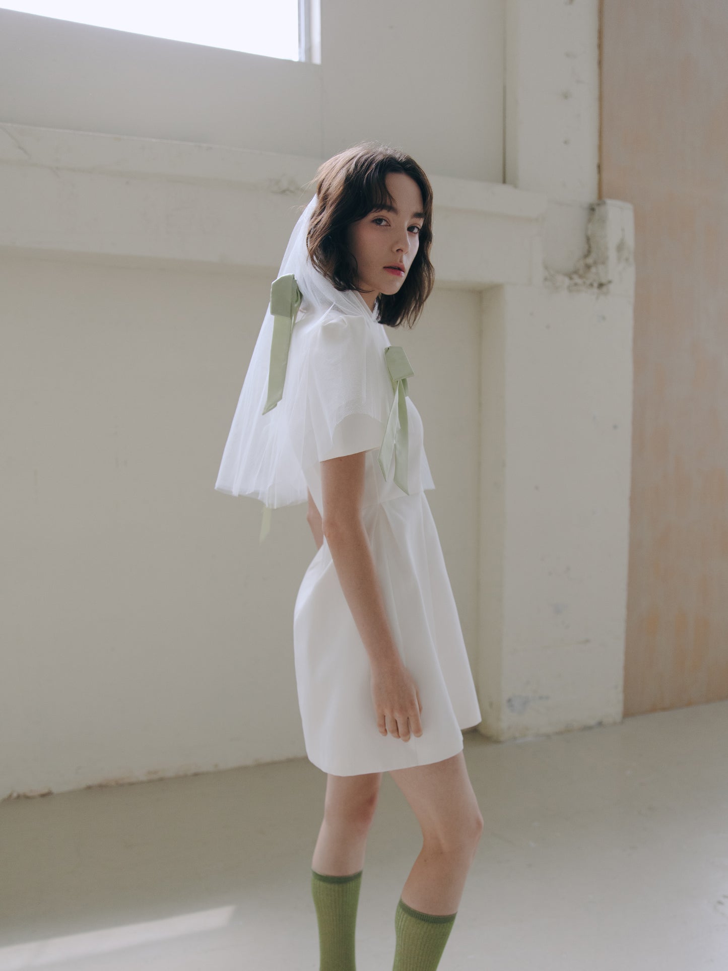 Short Veil with Green Bows