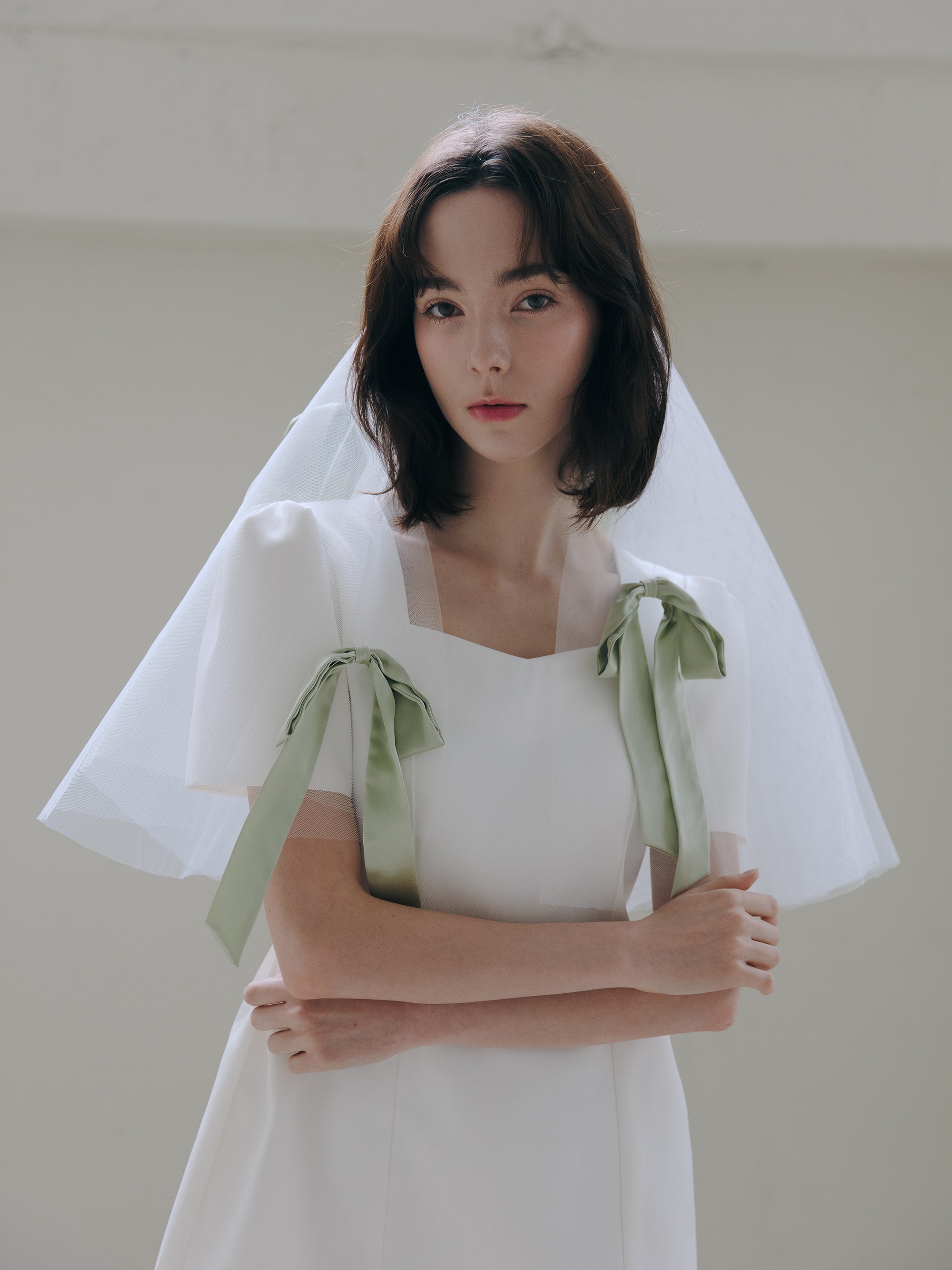 Short Bridal Veil with Silk Sage Green Bows