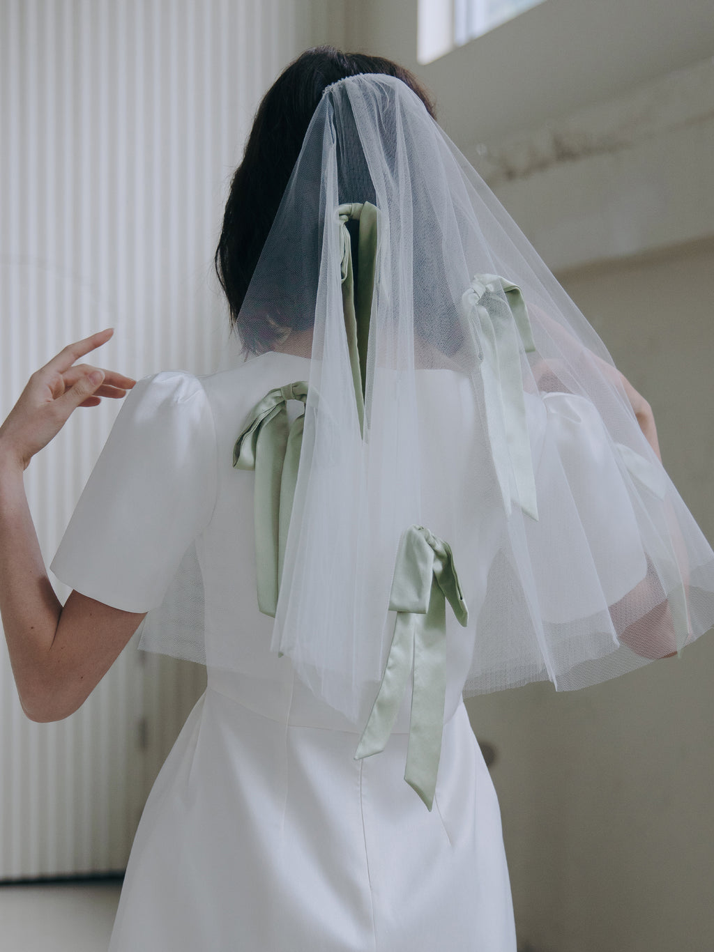 Short Bridal Veil with Silk Sage Green Bows