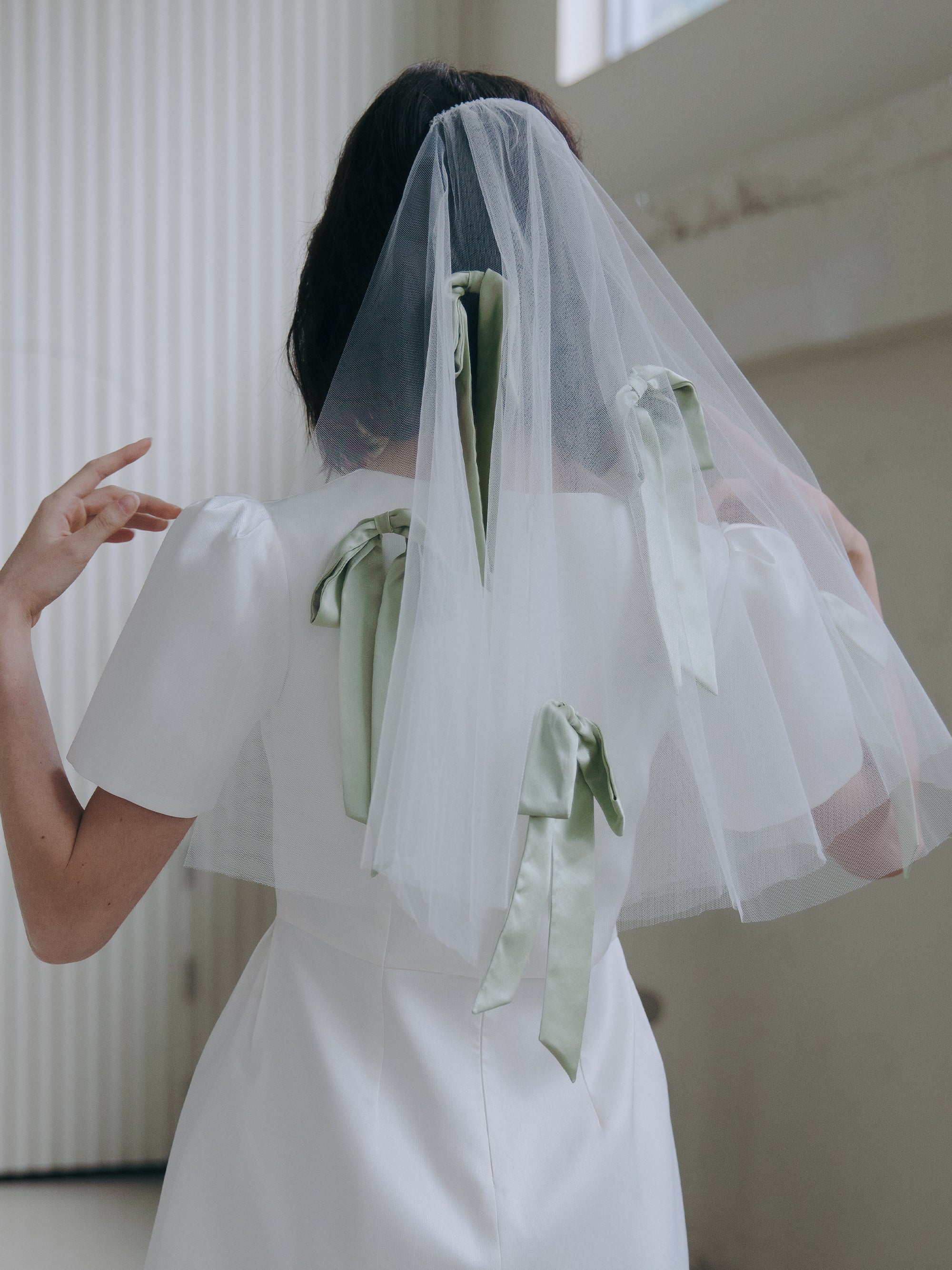 Short Bridal Veil with Silk Sage Green Bows