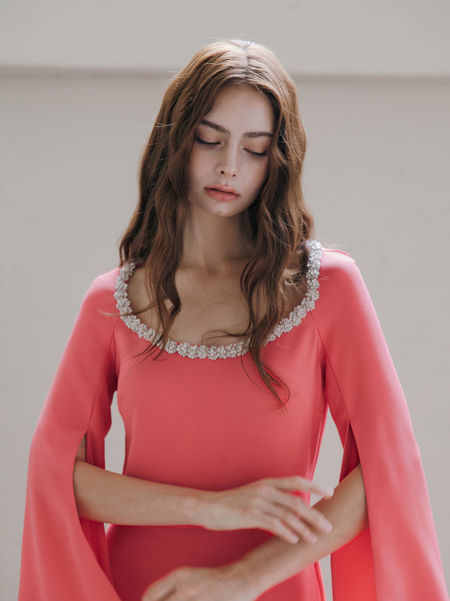 Long Sleeve Evening Gown Coral