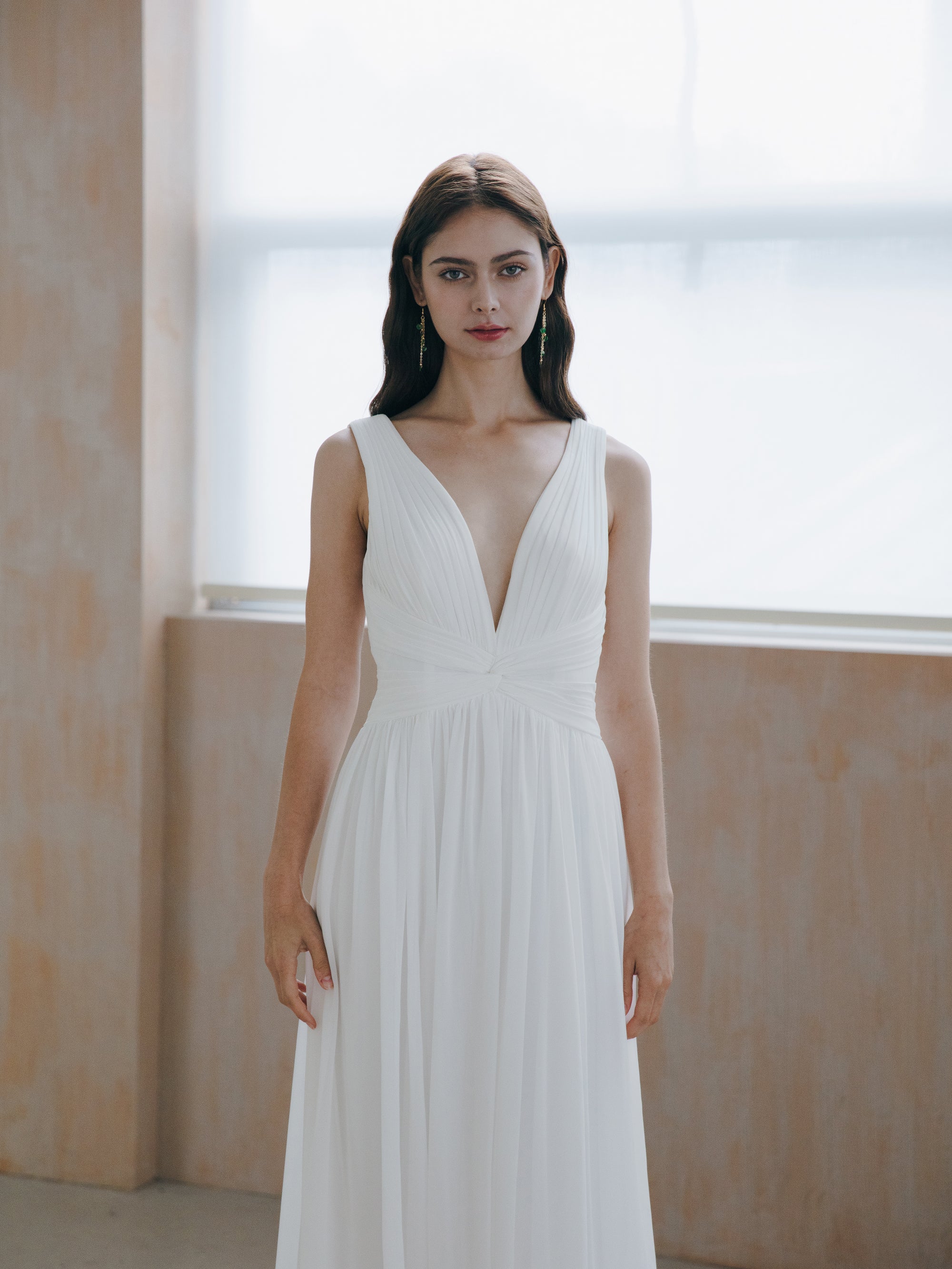 Pleated V Neck Wedding Dress