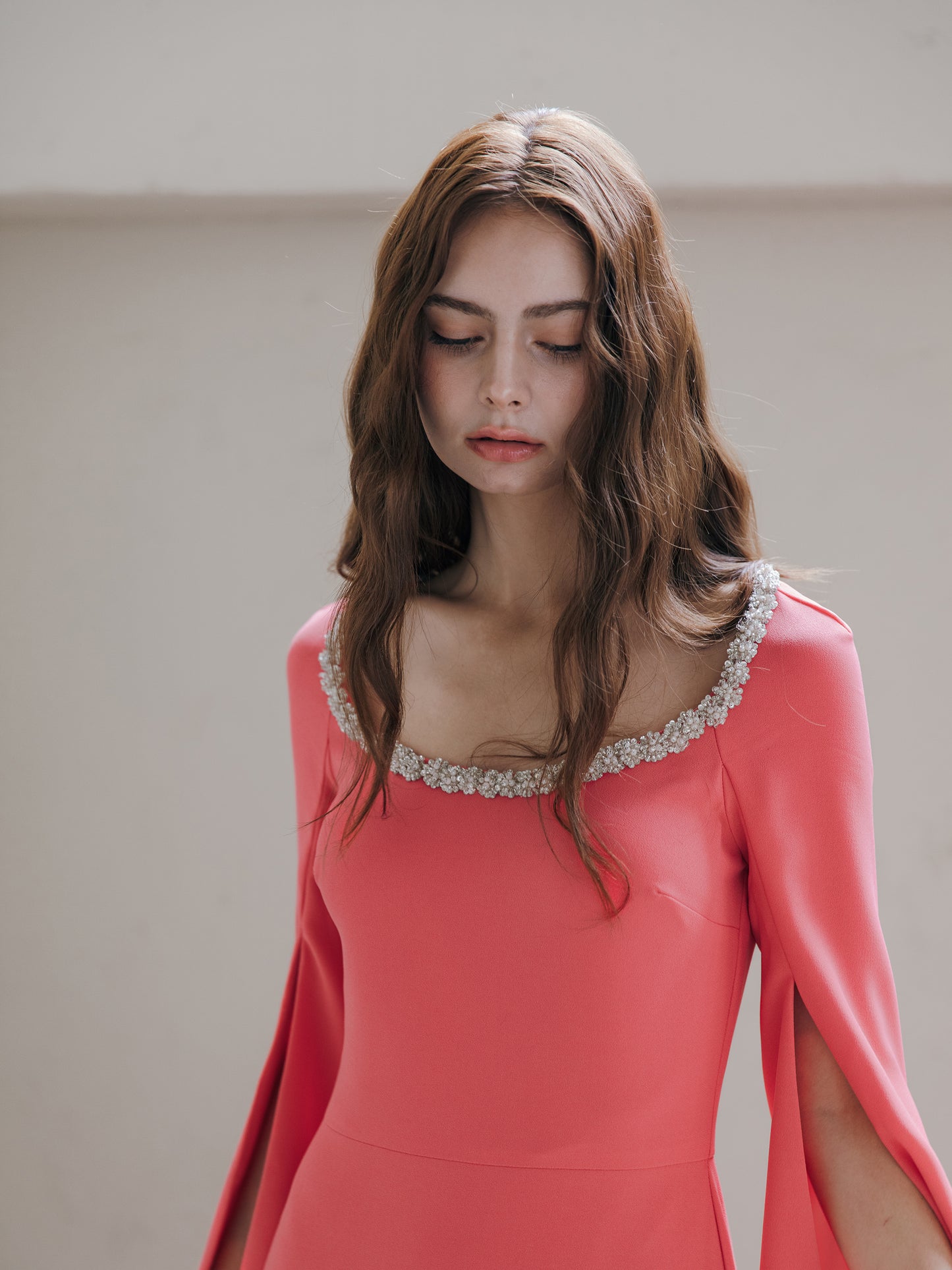 Long Sleeve Evening Gown Coral