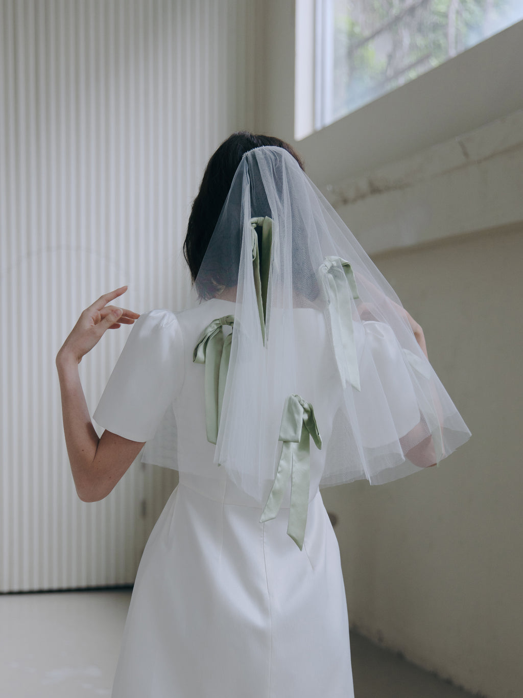 Short Bridal Veil with Silk Sage Green Bows