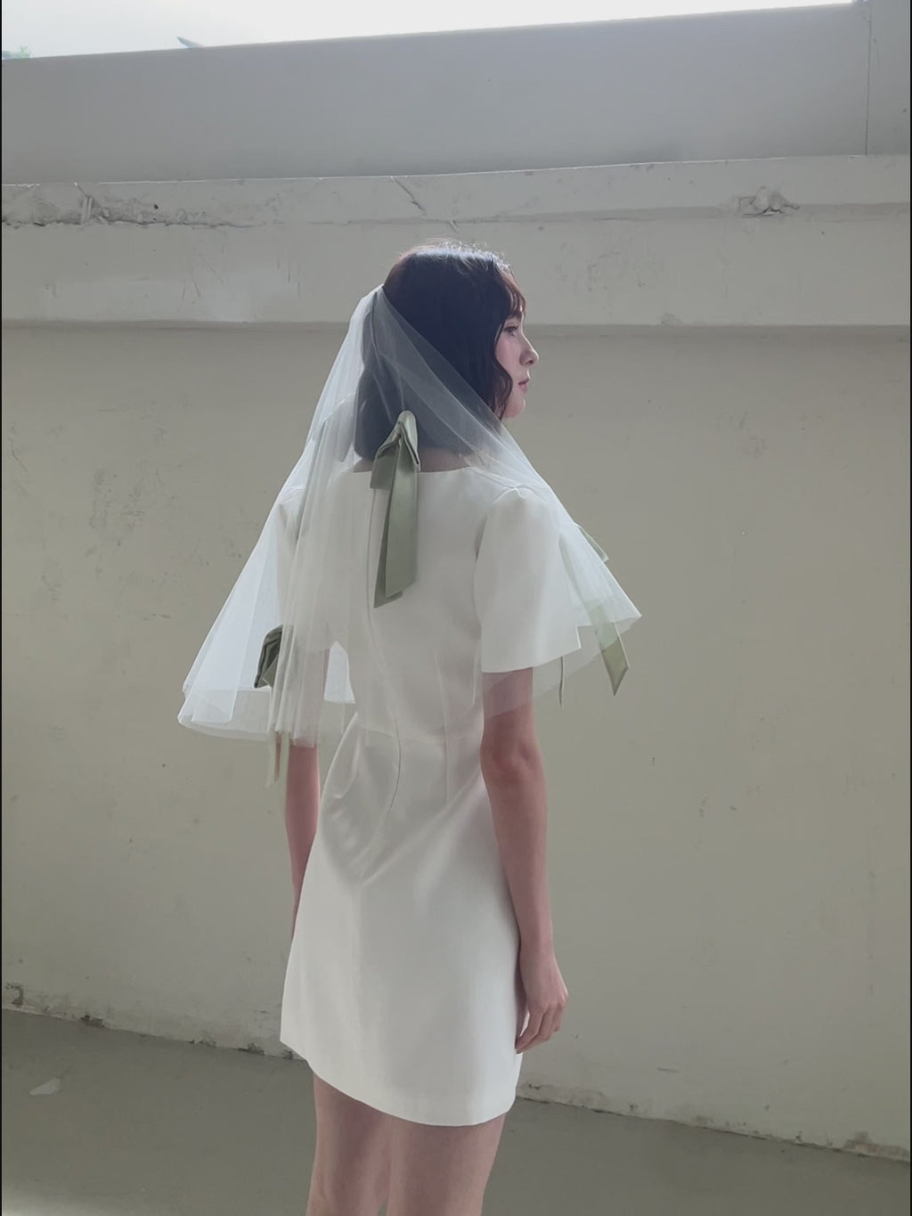 Short Bridal Veil with Silk Sage Green Bows